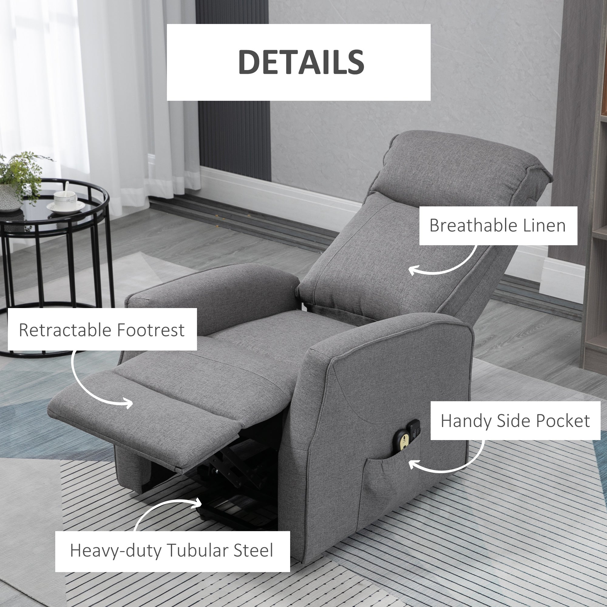 HOMCOM Power Lift Massage Recliner Chair, Electric Linen Fabric Reclining Chair with 8 Vibration Points, Remote Control, Side Pockets, Dark Grey