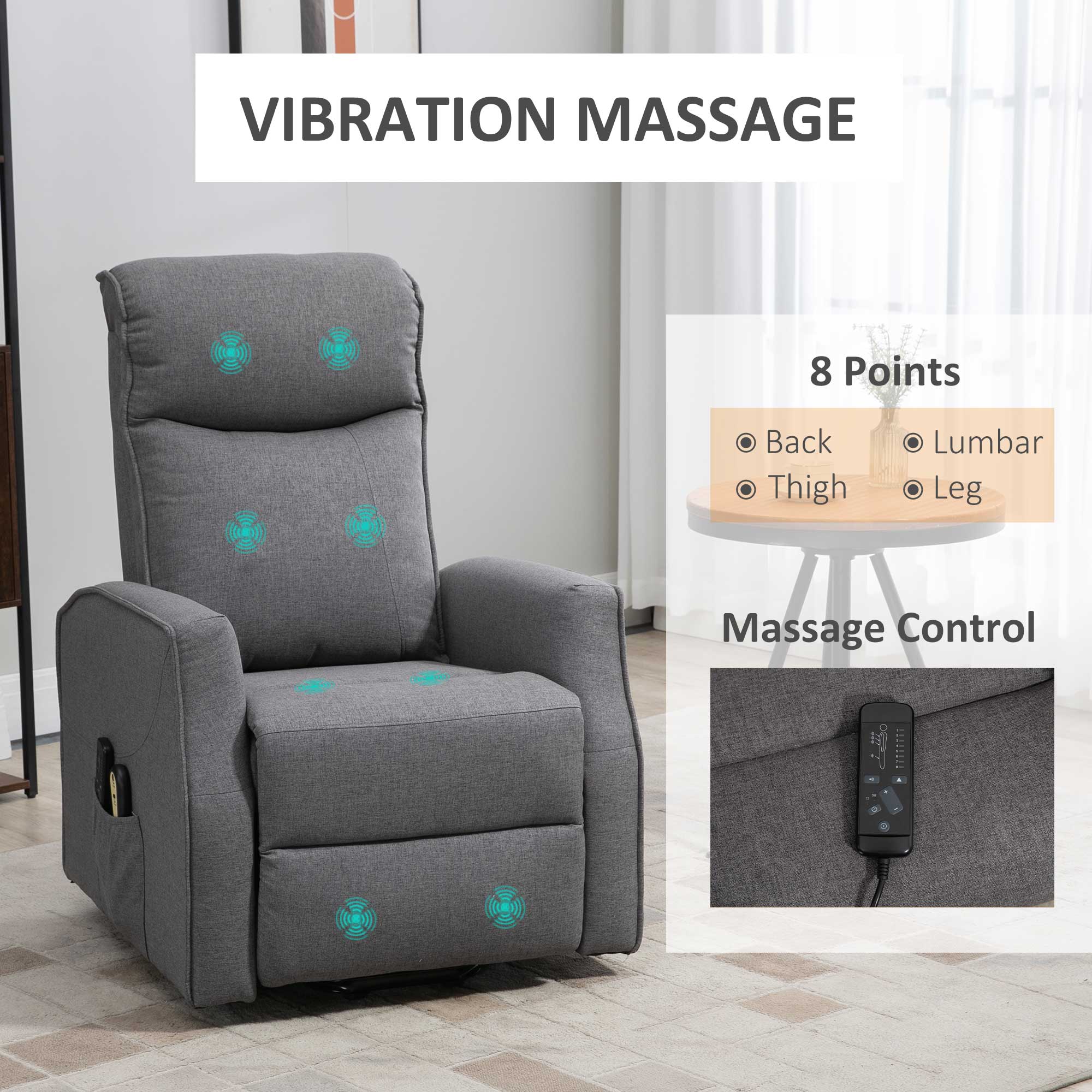 HOMCOM Power Lift Massage Recliner Chair, Electric Linen Fabric Reclining Chair with 8 Vibration Points, Remote Control, Side Pockets, Dark Grey
