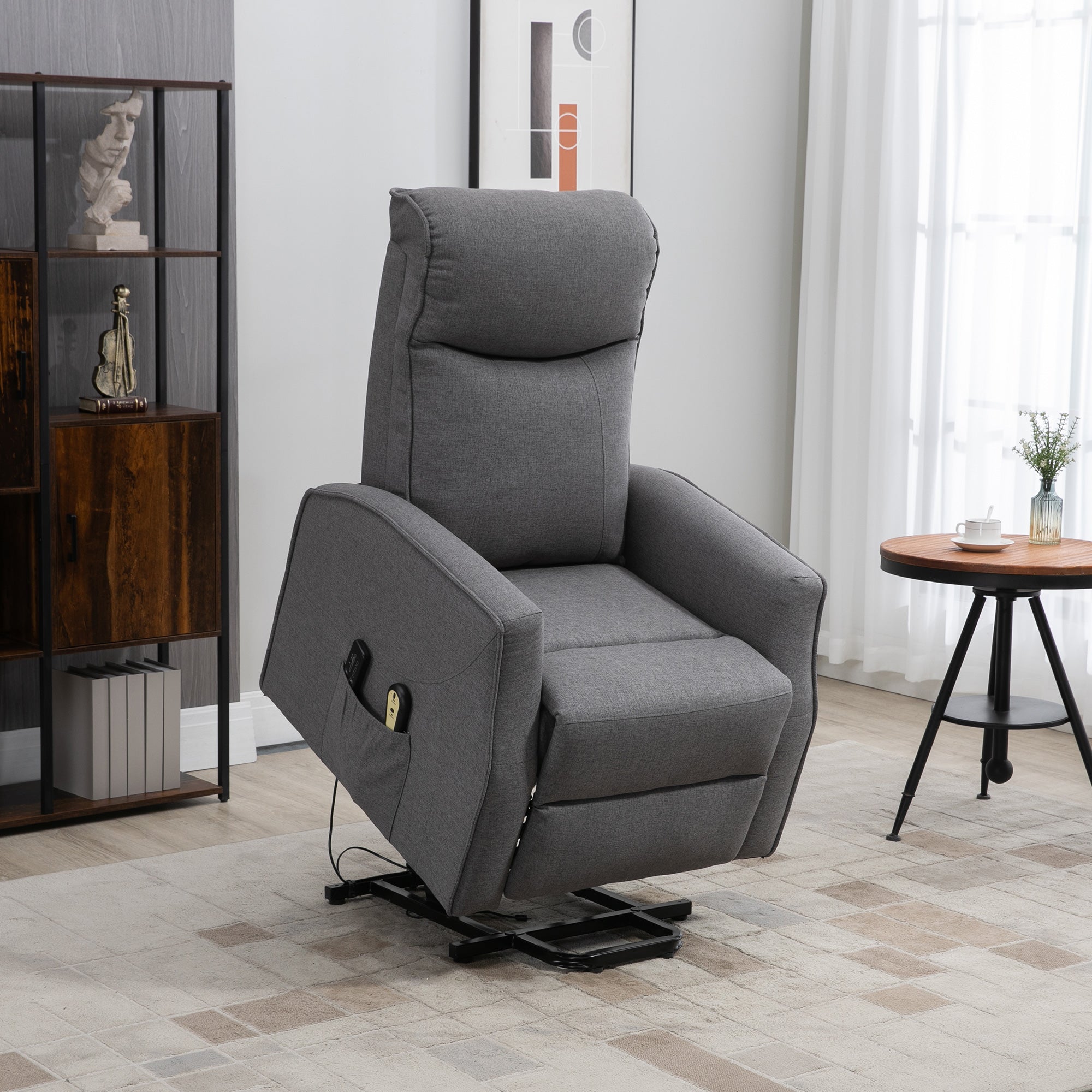 HOMCOM Power Lift Massage Recliner Chair, Electric Linen Fabric Reclining Chair with 8 Vibration Points, Remote Control, Side Pockets, Dark Grey