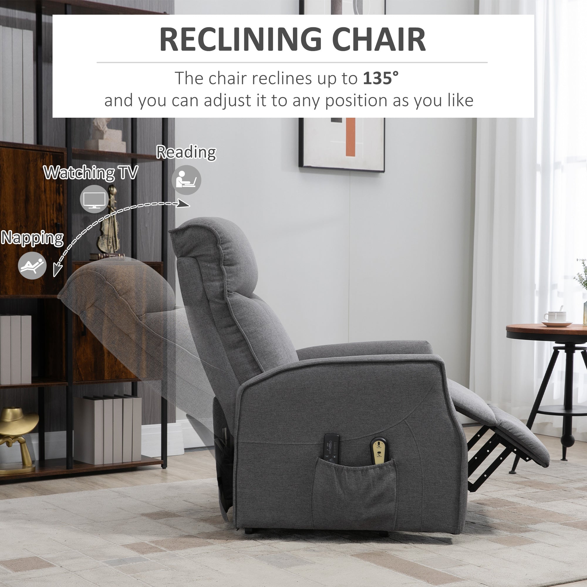 HOMCOM Power Lift Massage Recliner Chair, Electric Linen Fabric Reclining Chair with 8 Vibration Points, Remote Control, Side Pockets, Dark Grey