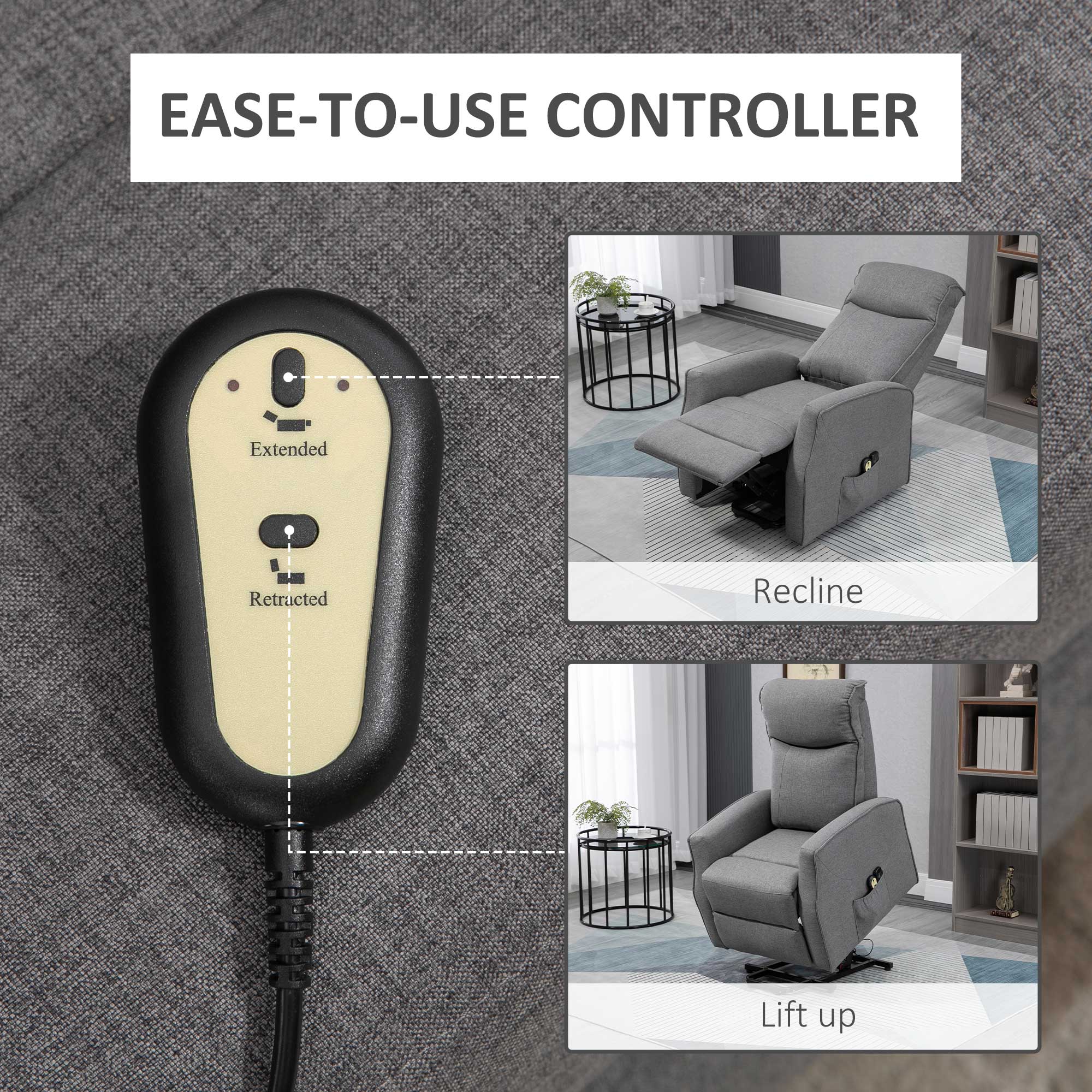 HOMCOM Power Lift Massage Recliner Chair, Electric Linen Fabric Reclining Chair with 8 Vibration Points, Remote Control, Side Pockets, Dark Grey