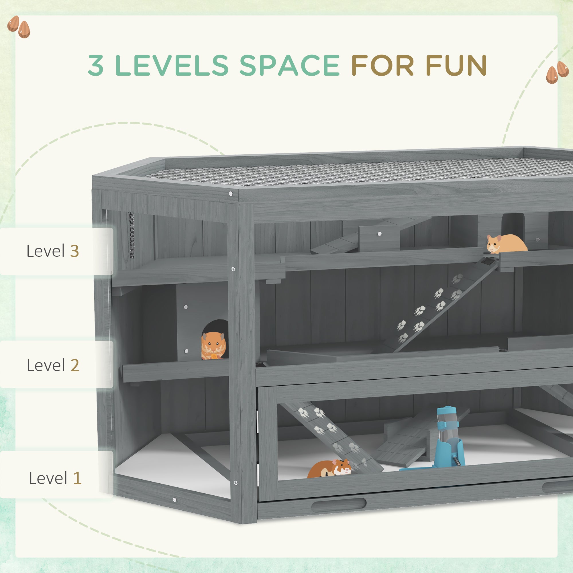 PawHut Wooden Large Hamster Cage Small Animal Exercise Play House 3 Tier with Sliding Tray, Seesaws, Water Bottle, Grey