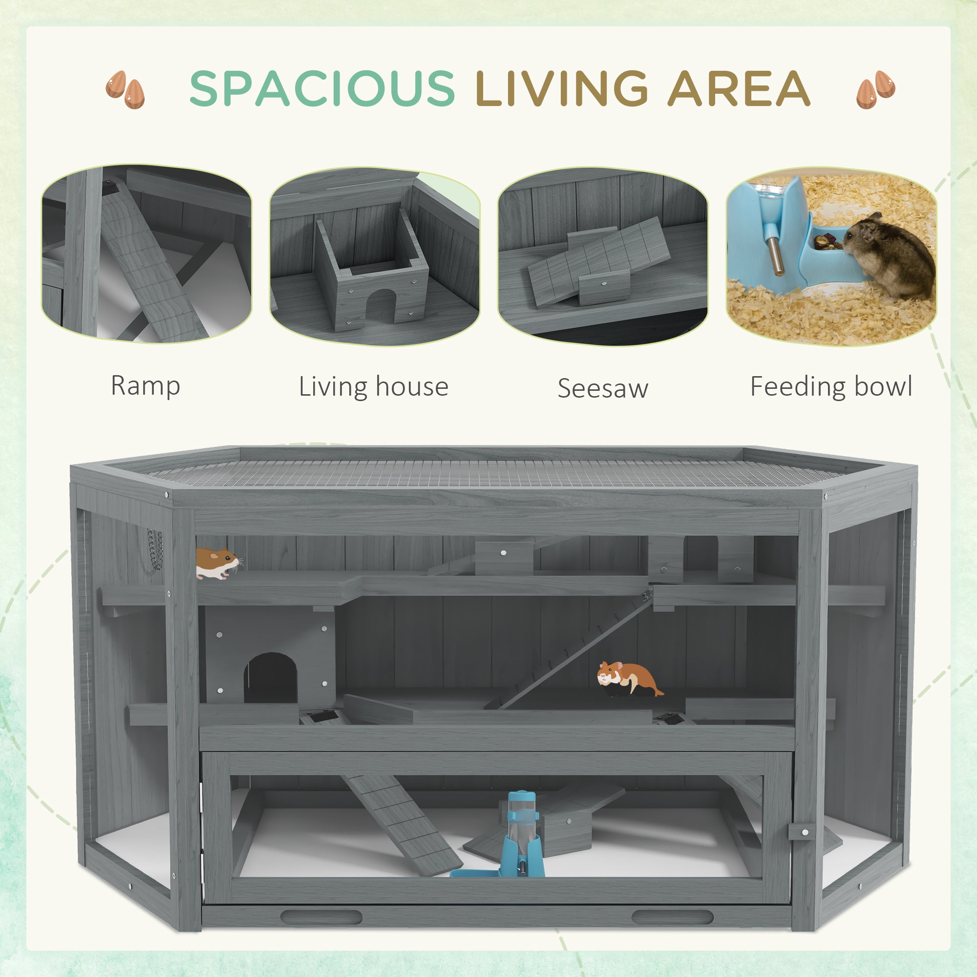 PawHut Wooden Large Hamster Cage Small Animal Exercise Play House 3 Tier with Sliding Tray, Seesaws, Water Bottle, Grey