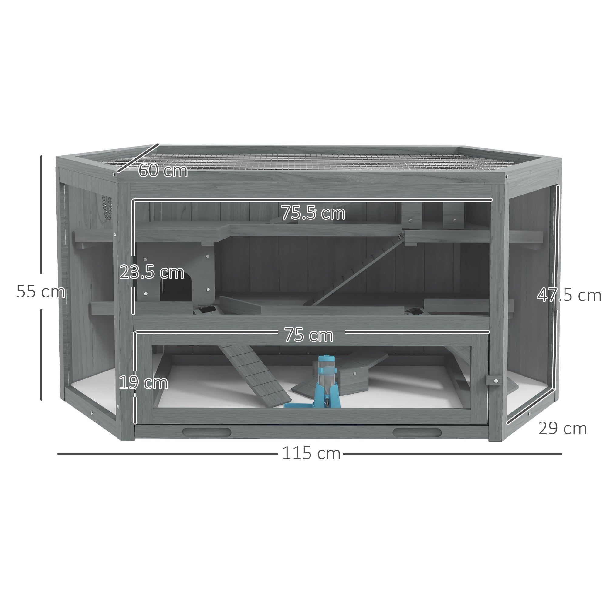 PawHut Wooden Large Hamster Cage Small Animal Exercise Play House 3 Tier with Sliding Tray, Seesaws, Water Bottle, Grey