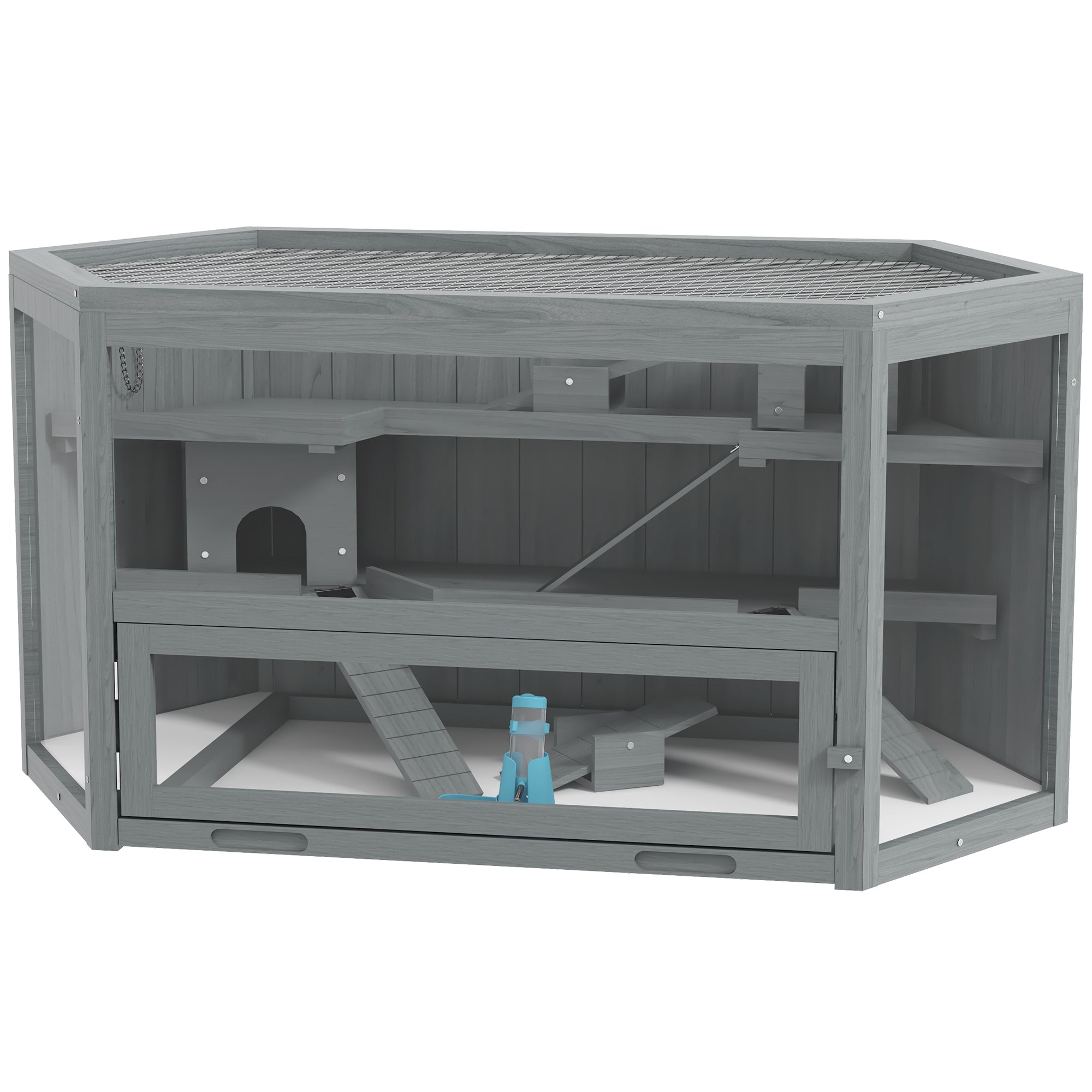 PawHut Wooden Large Hamster Cage Small Animal Exercise Play House 3 Tier with Sliding Tray, Seesaws, Water Bottle, Grey