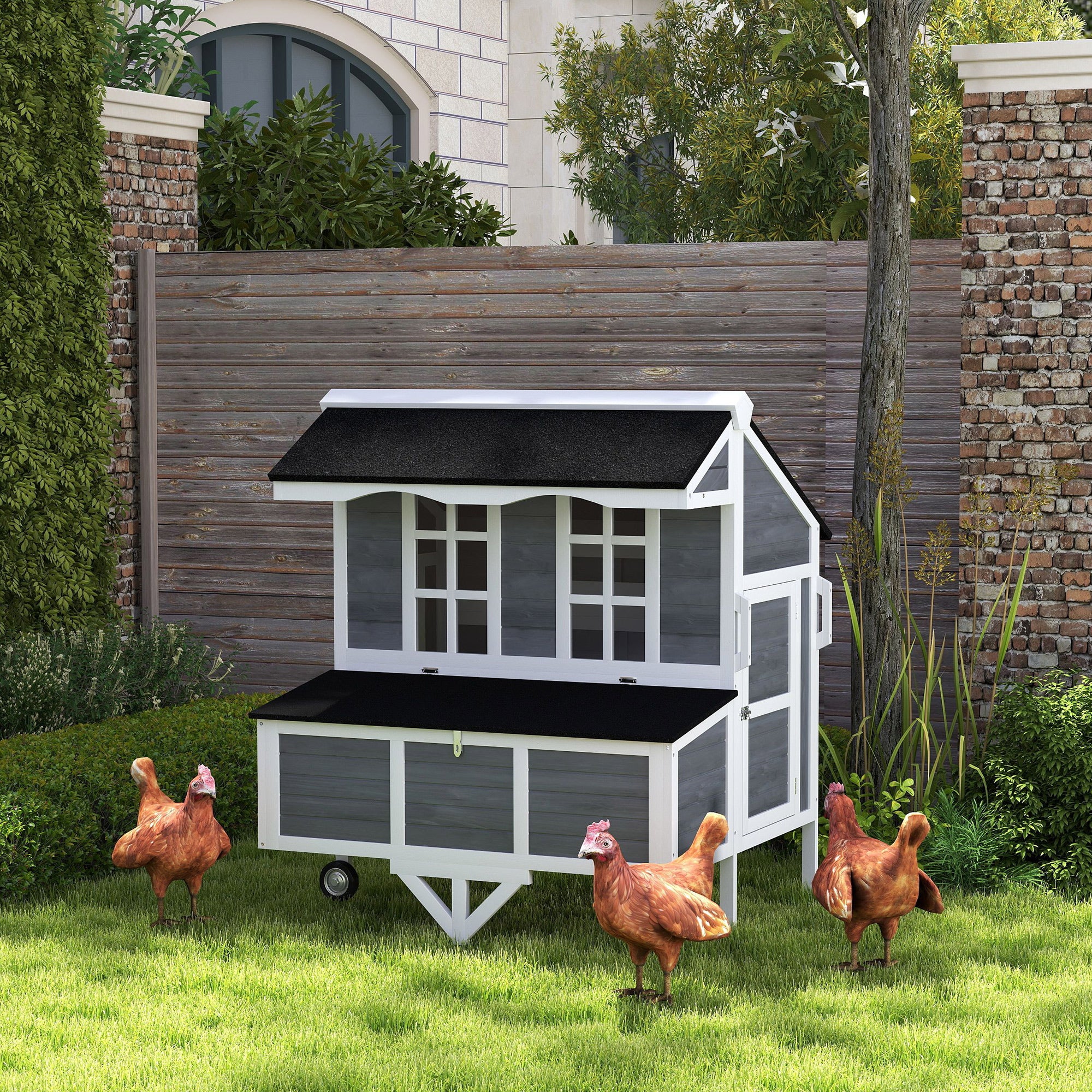 PawHut 43" Chicken Coop with Wheels, Mobile Chicken House with Nesting Box, Windows, Pull-out Tray, Perches, Wooden Chicken Tractor for 2-4 Hens, Rabbits, for Backyard, Patio, Gray