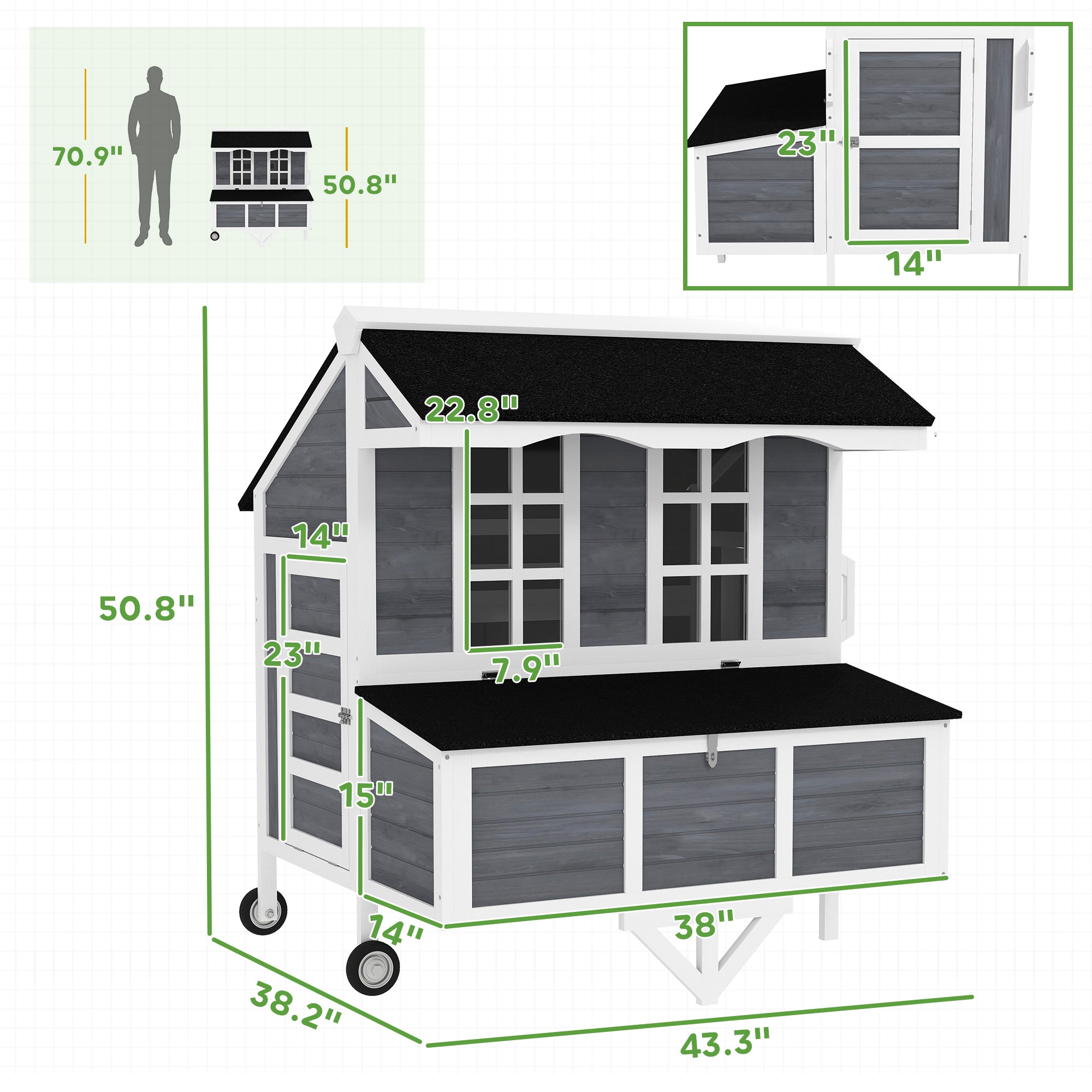 PawHut 43" Chicken Coop with Wheels, Mobile Chicken House with Nesting Box, Windows, Pull-out Tray, Perches, Wooden Chicken Tractor for 2-4 Hens, Rabbits, for Backyard, Patio, Gray