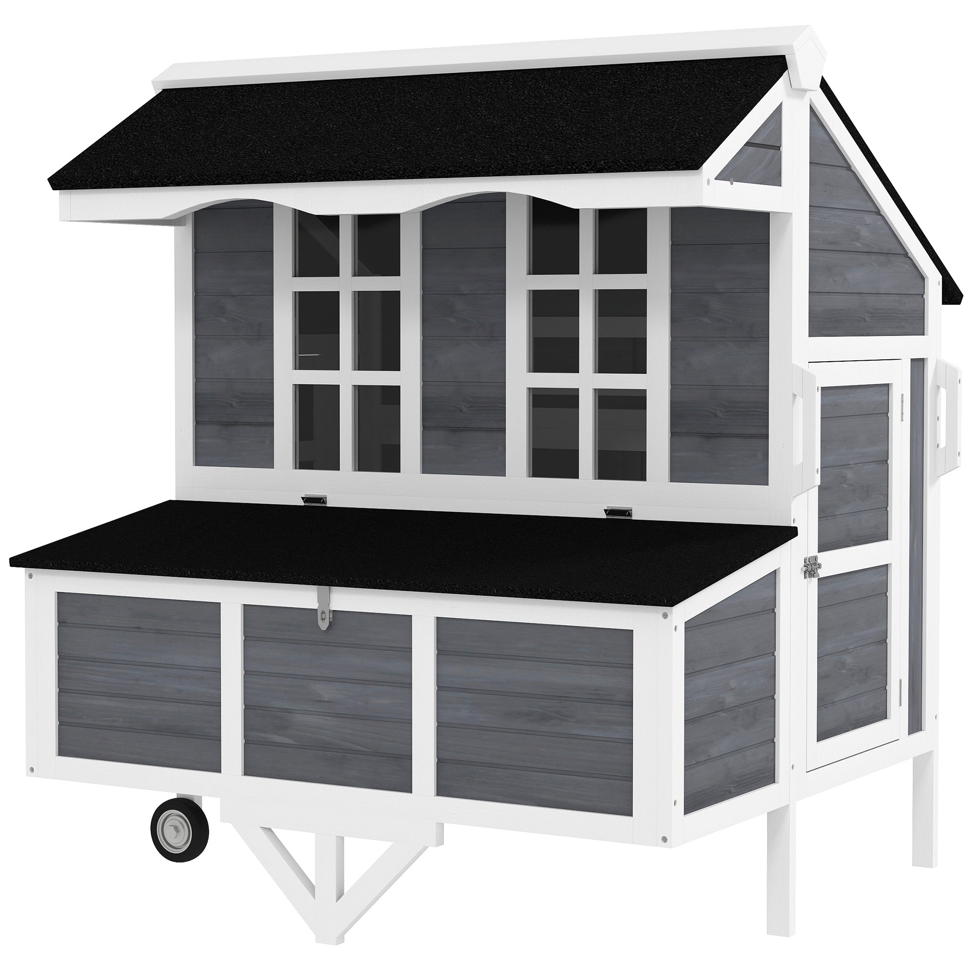 PawHut 43" Chicken Coop with Wheels, Mobile Chicken House with Nesting Box, Windows, Pull-out Tray, Perches, Wooden Chicken Tractor for 2-4 Hens, Rabbits, for Backyard, Patio, Gray