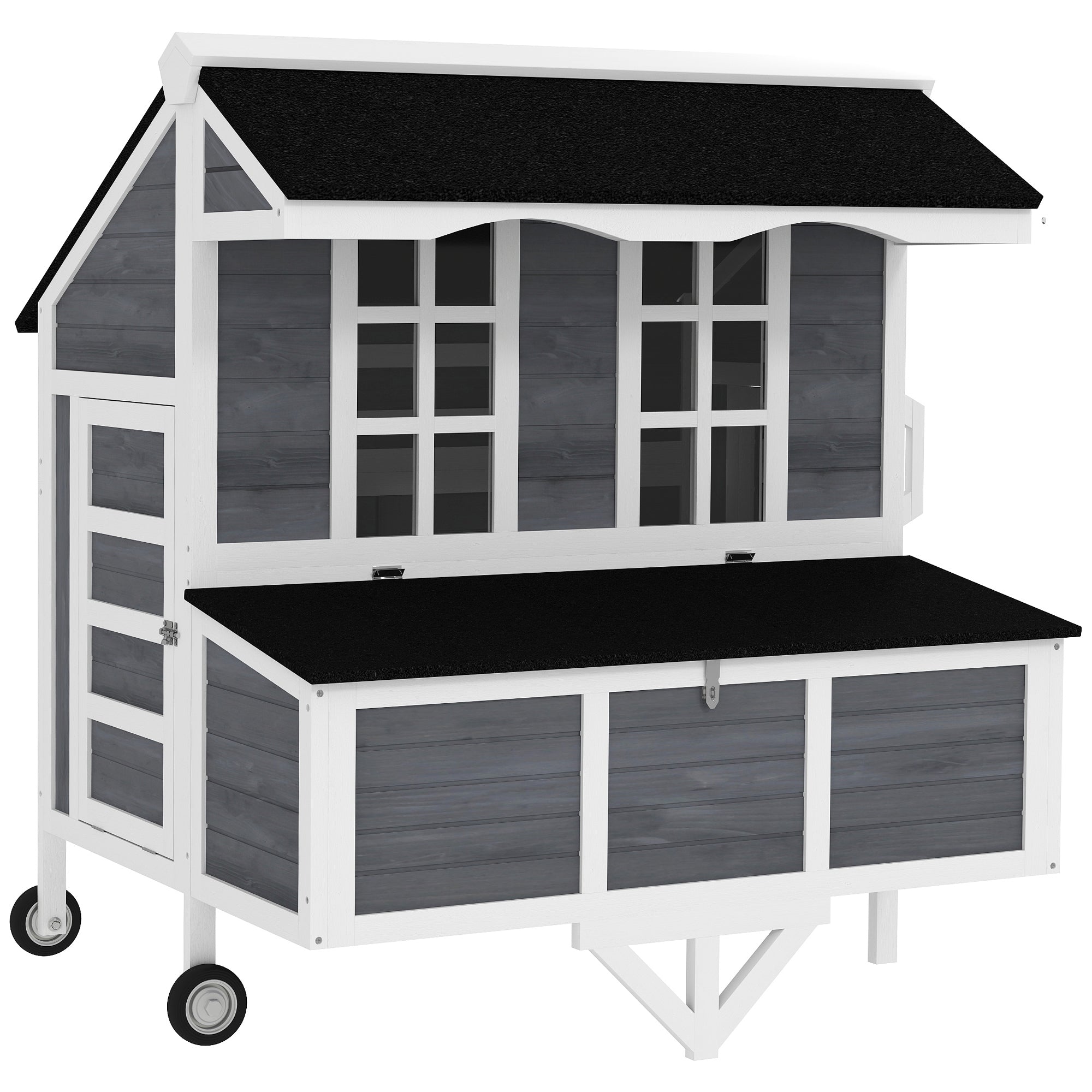 PawHut 43" Chicken Coop with Wheels, Mobile Chicken House with Nesting Box, Windows, Pull-out Tray, Perches, Wooden Chicken Tractor for 2-4 Hens, Rabbits, for Backyard, Patio, Gray