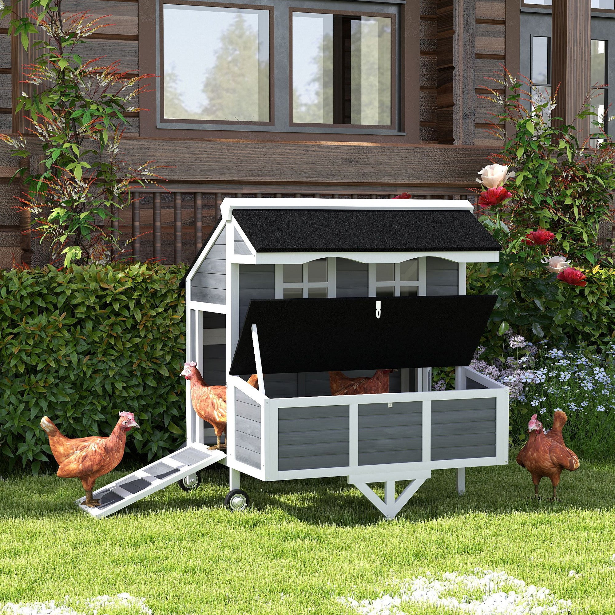 PawHut 43" Chicken Coop with Wheels, Mobile Chicken House with Nesting Box, Windows, Pull-out Tray, Perches, Wooden Chicken Tractor for 2-4 Hens, Rabbits, for Backyard, Patio, Gray