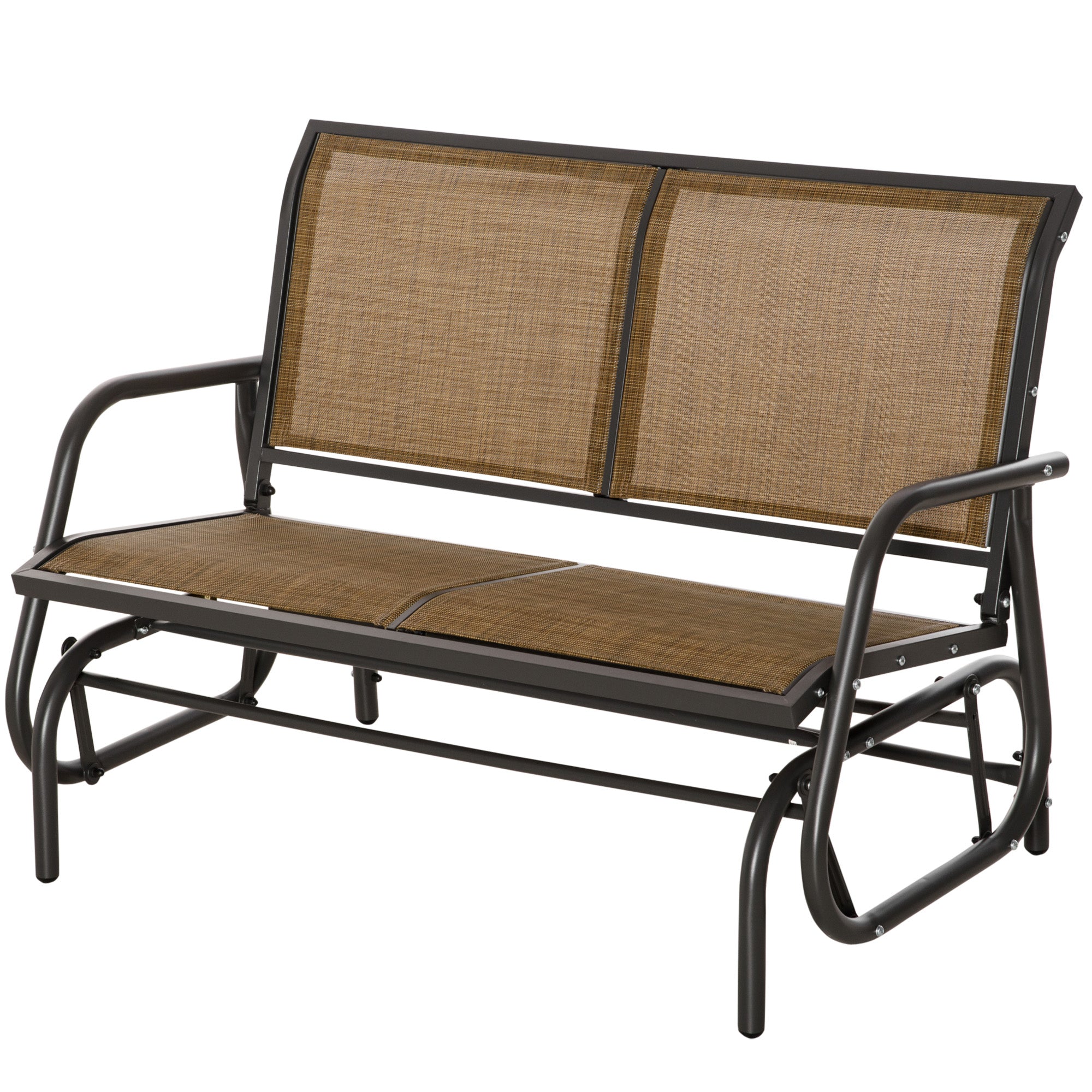 Outsunny Patio Double Glider Outdoor Steel Sling Fabric Gliding Bench Garden Swing Chair Heavy-Duty Porch Rocker Garden Loveseat Brown