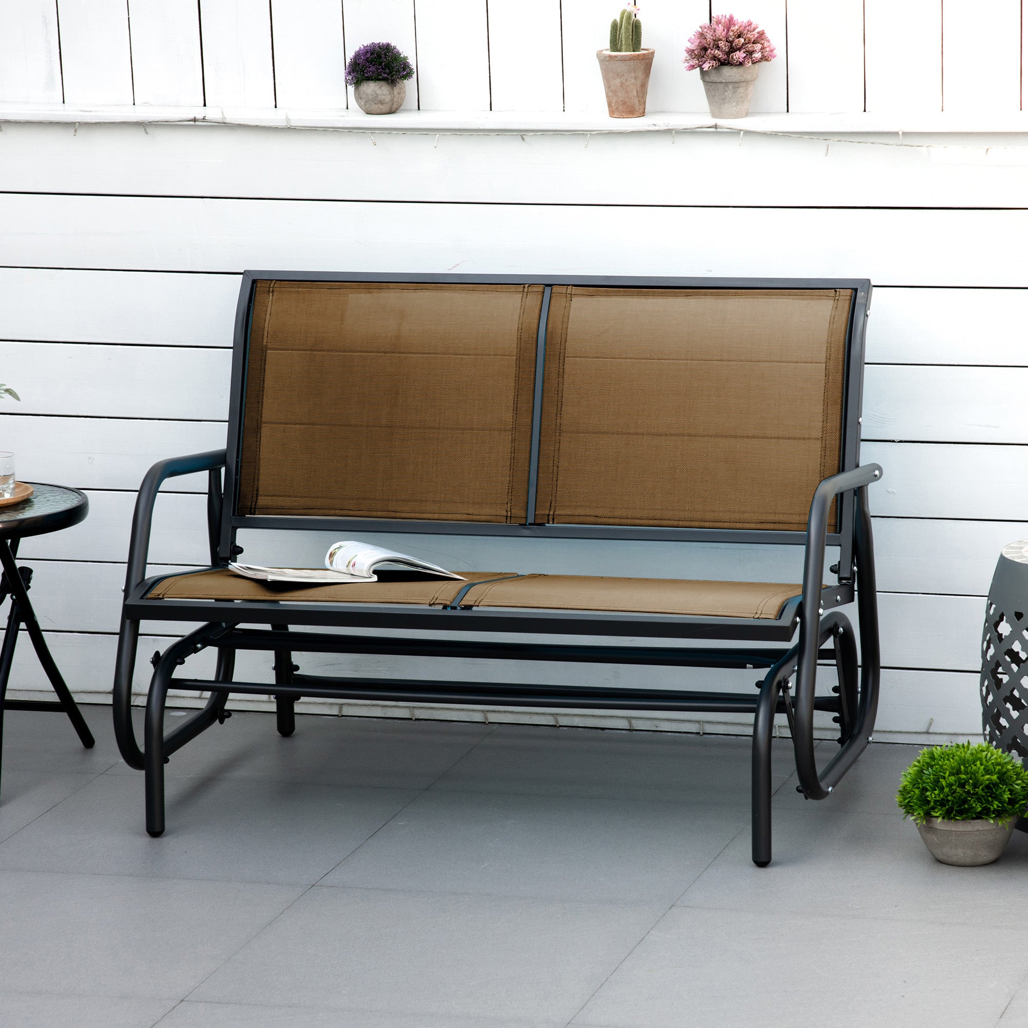 Outsunny Patio Double Glider Outdoor Steel Sling Fabric Gliding Bench Garden Swing Chair Heavy-Duty Porch Rocker Garden Loveseat Brown