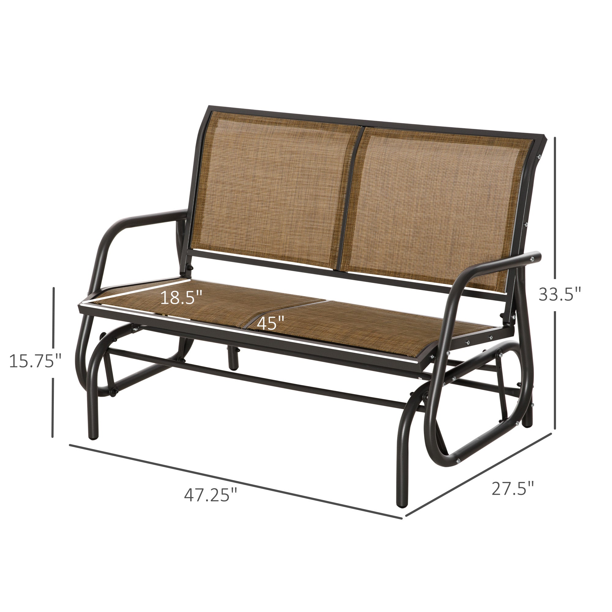 Outsunny Patio Double Glider Outdoor Steel Sling Fabric Gliding Bench Garden Swing Chair Heavy-Duty Porch Rocker Garden Loveseat Brown