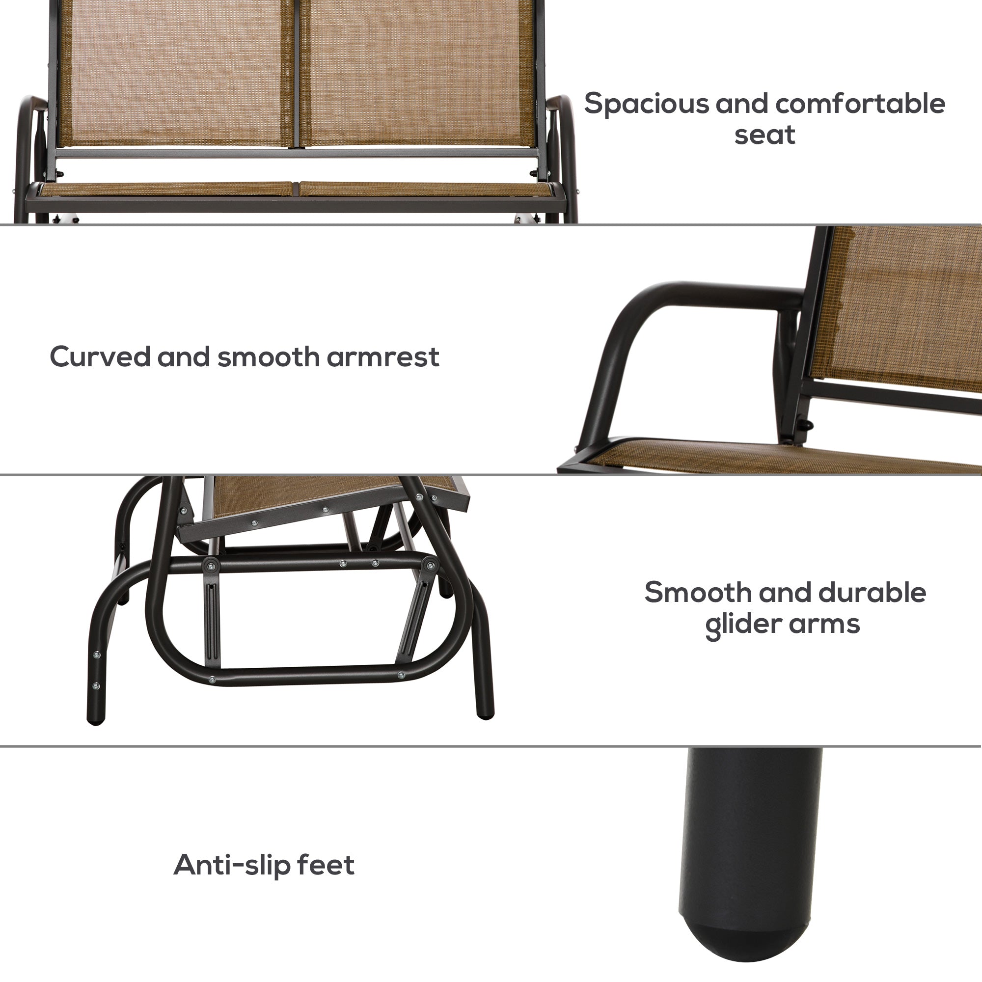 Outsunny Patio Double Glider Outdoor Steel Sling Fabric Gliding Bench Garden Swing Chair Heavy-Duty Porch Rocker Garden Loveseat Brown