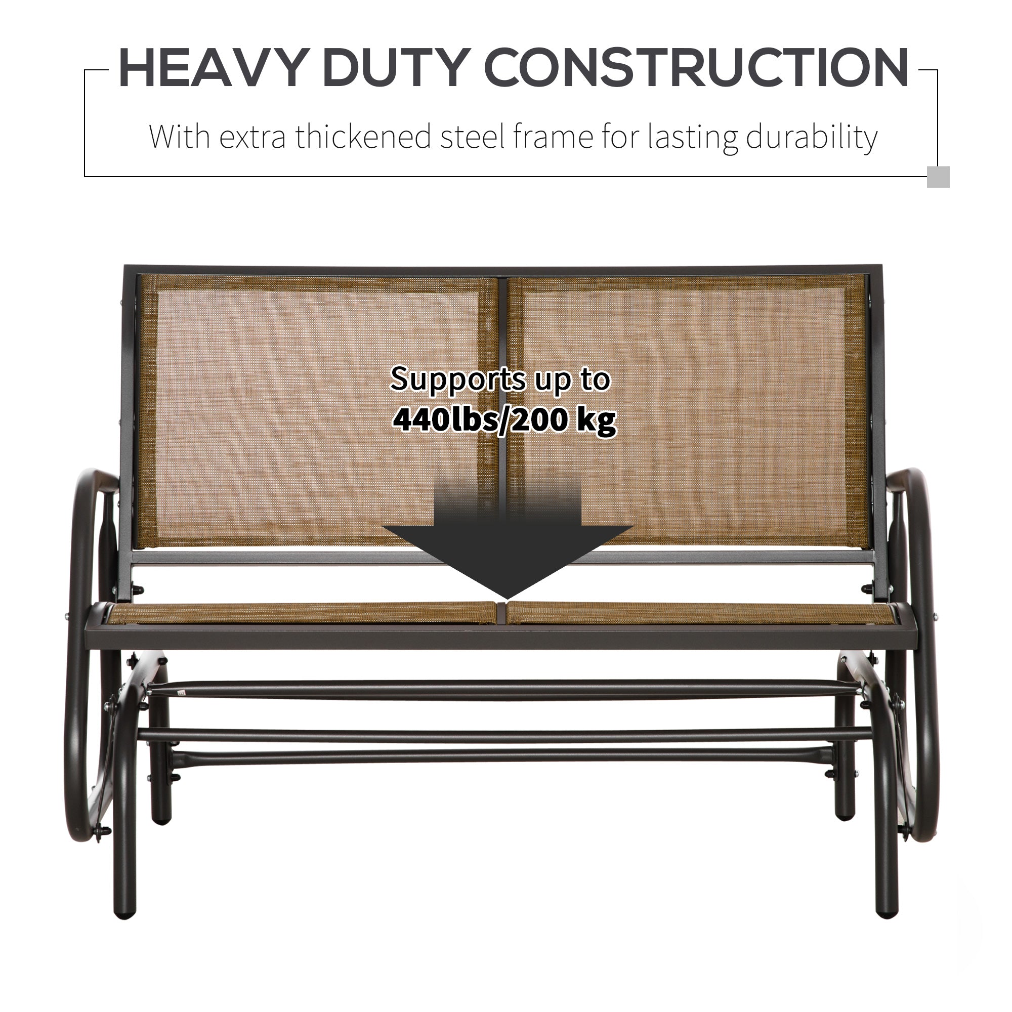 Outsunny Patio Double Glider Outdoor Steel Sling Fabric Gliding Bench Garden Swing Chair Heavy-Duty Porch Rocker Garden Loveseat Brown