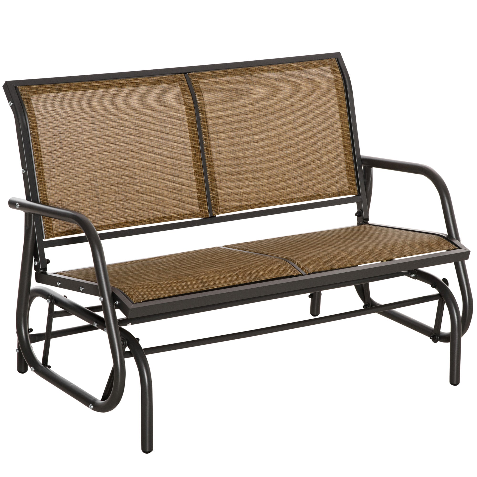 Outsunny Patio Double Glider Outdoor Steel Sling Fabric Gliding Bench Garden Swing Chair Heavy-Duty Porch Rocker Garden Loveseat Brown