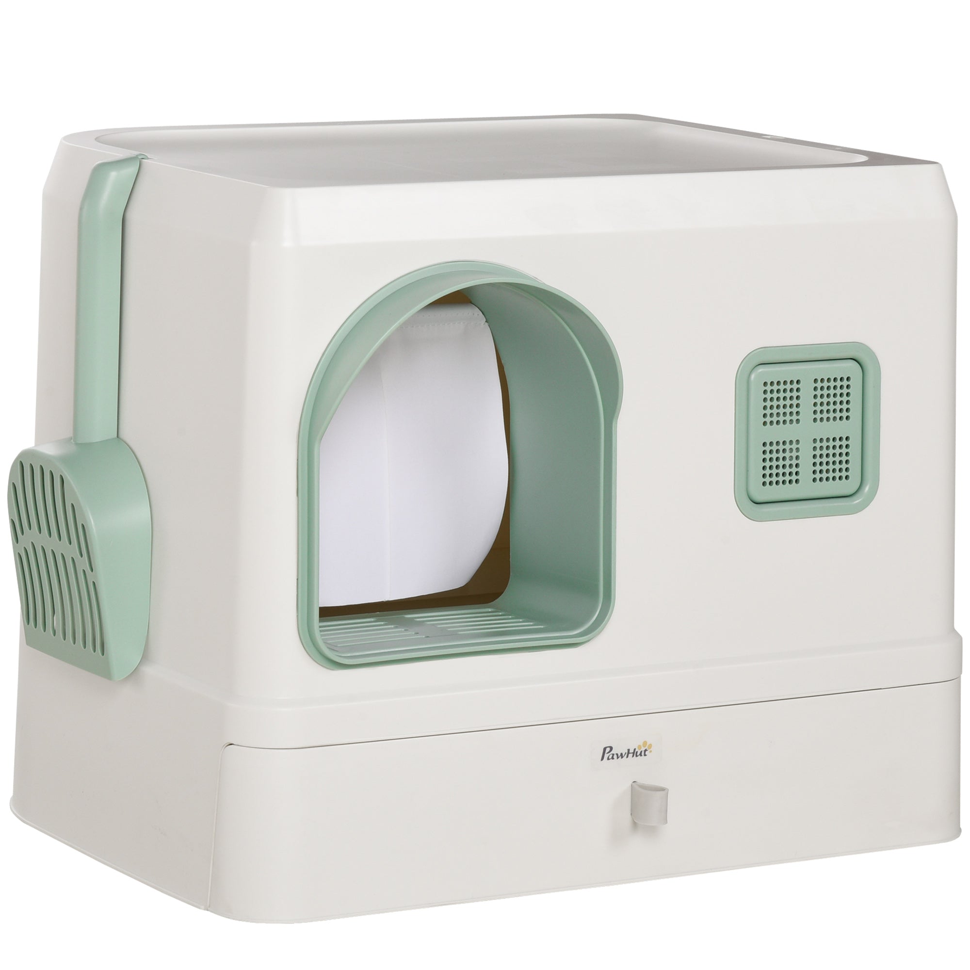 PawHut Cat Litter Box with Drawer Pan, Hooded Cat Litter Tray with Scoop, Deodorants, Front Entrance, 50 x 40 x 40cm - White