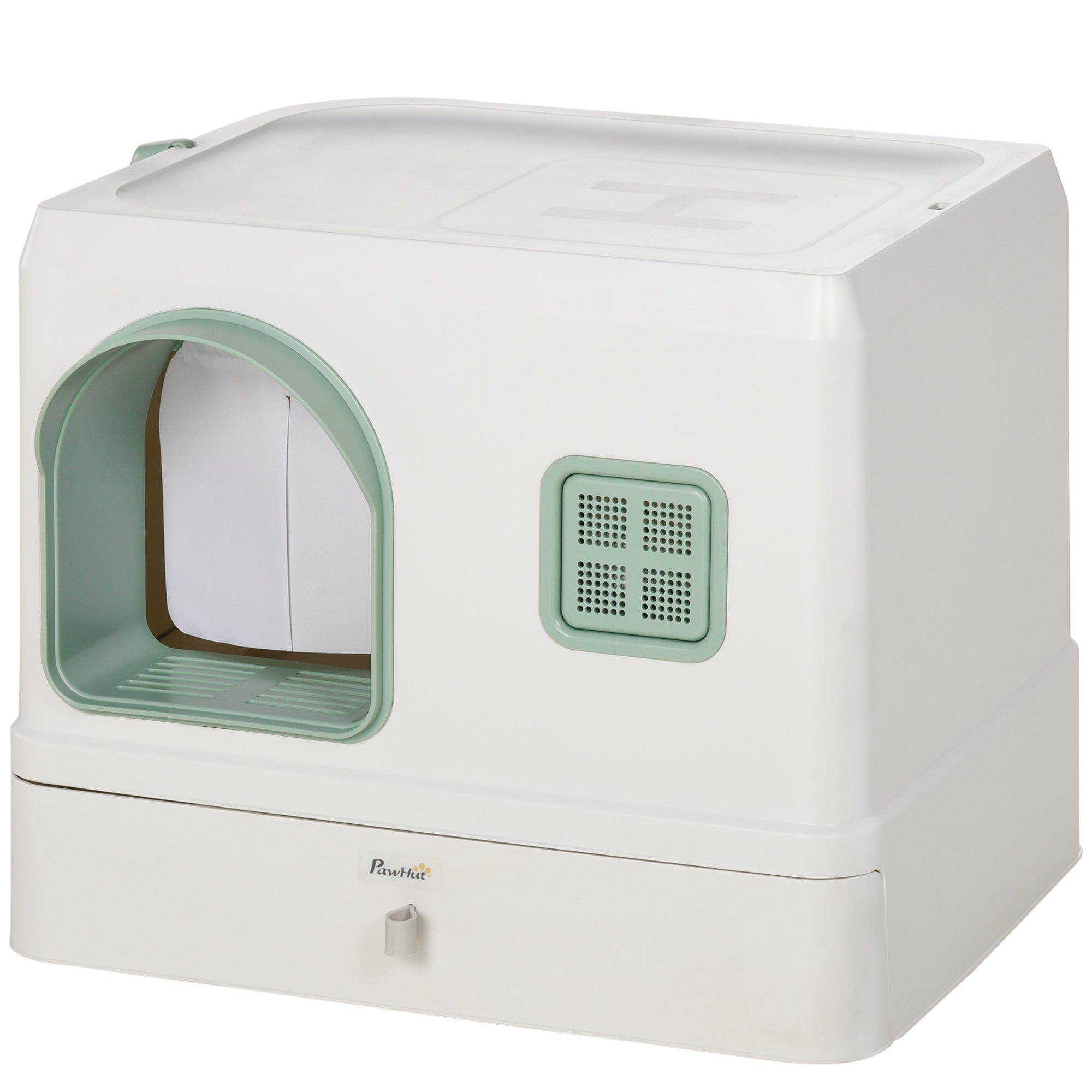 PawHut Cat Litter Box with Drawer Pan, Hooded Cat Litter Tray with Scoop, Deodorants, Front Entrance, 50 x 40 x 40cm - White