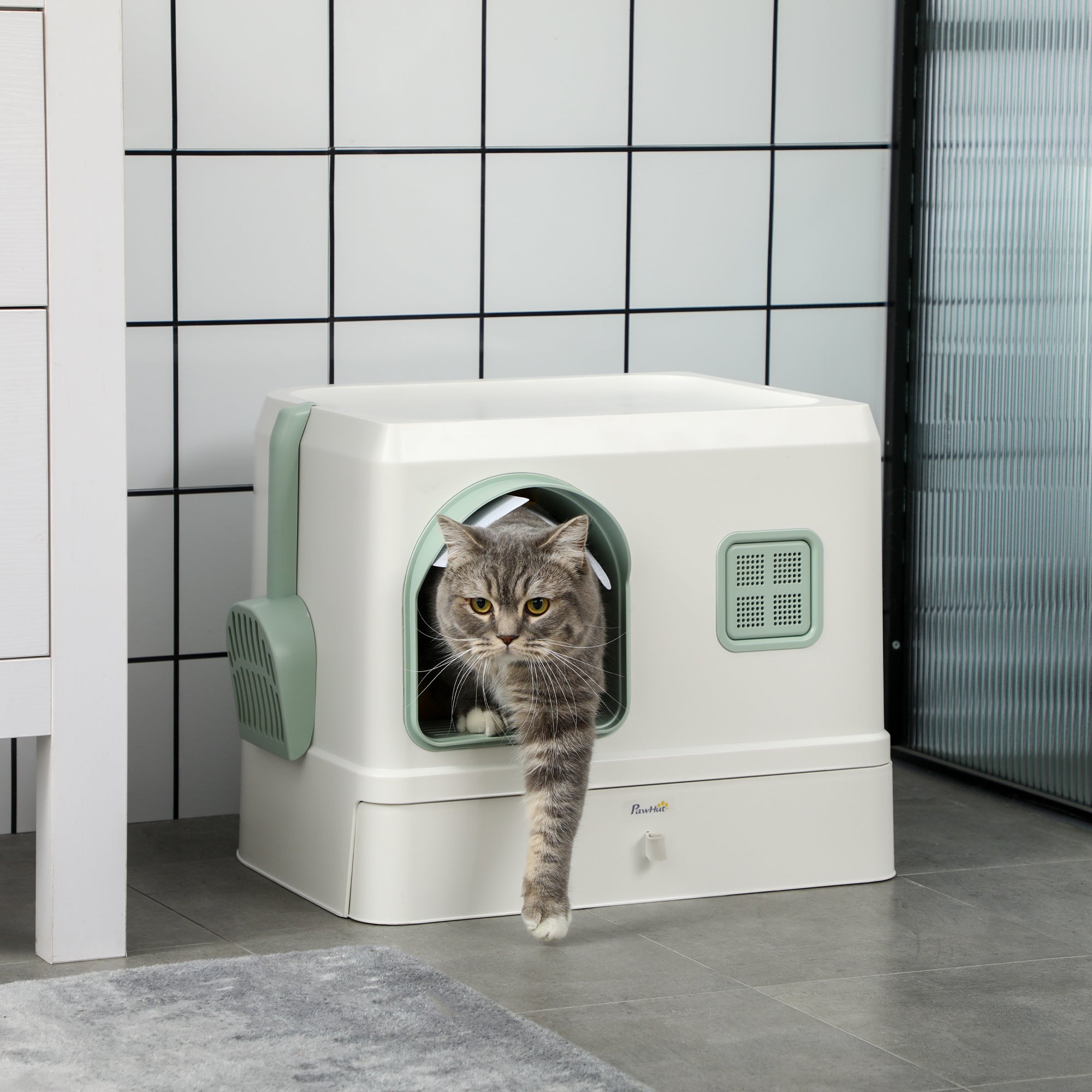 PawHut Cat Litter Box with Drawer Pan, Hooded Cat Litter Tray with Scoop, Deodorants, Front Entrance, 50 x 40 x 40cm - White