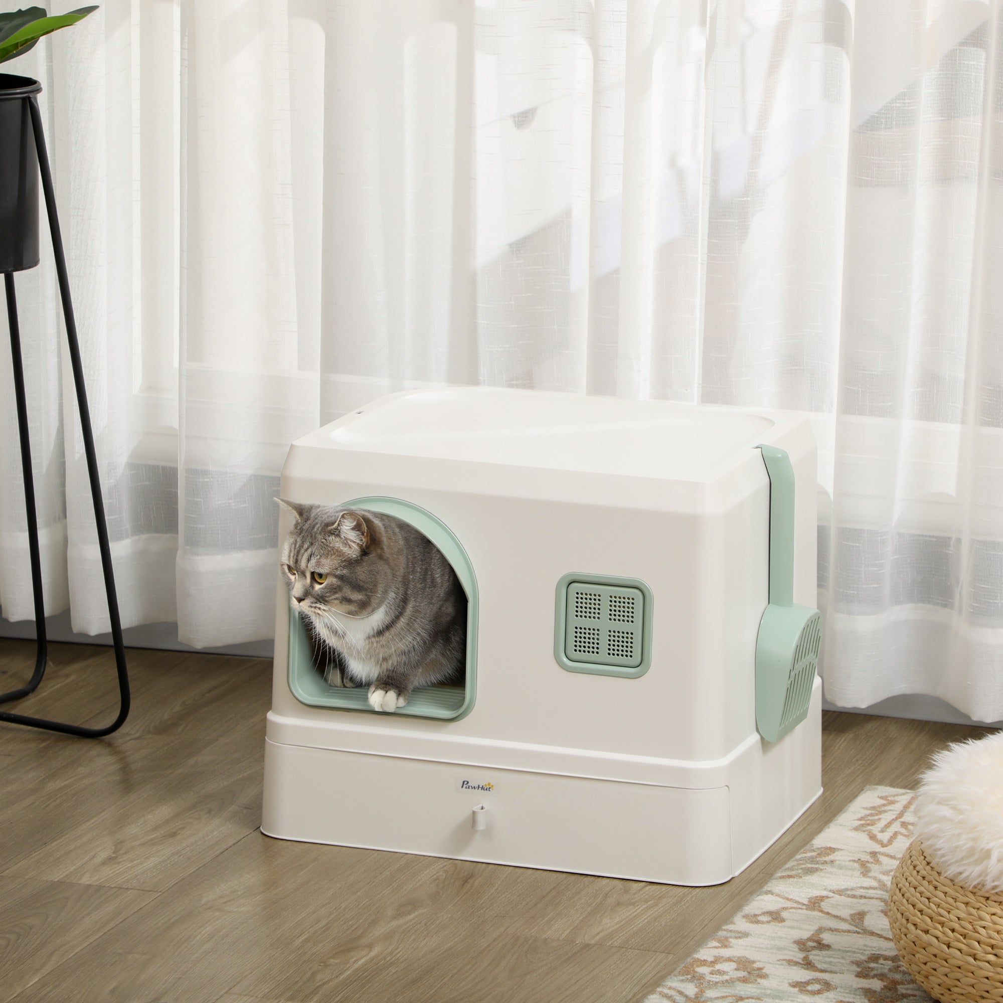 PawHut Cat Litter Box with Drawer Pan, Hooded Cat Litter Tray with Scoop, Deodorants, Front Entrance, 50 x 40 x 40cm - White