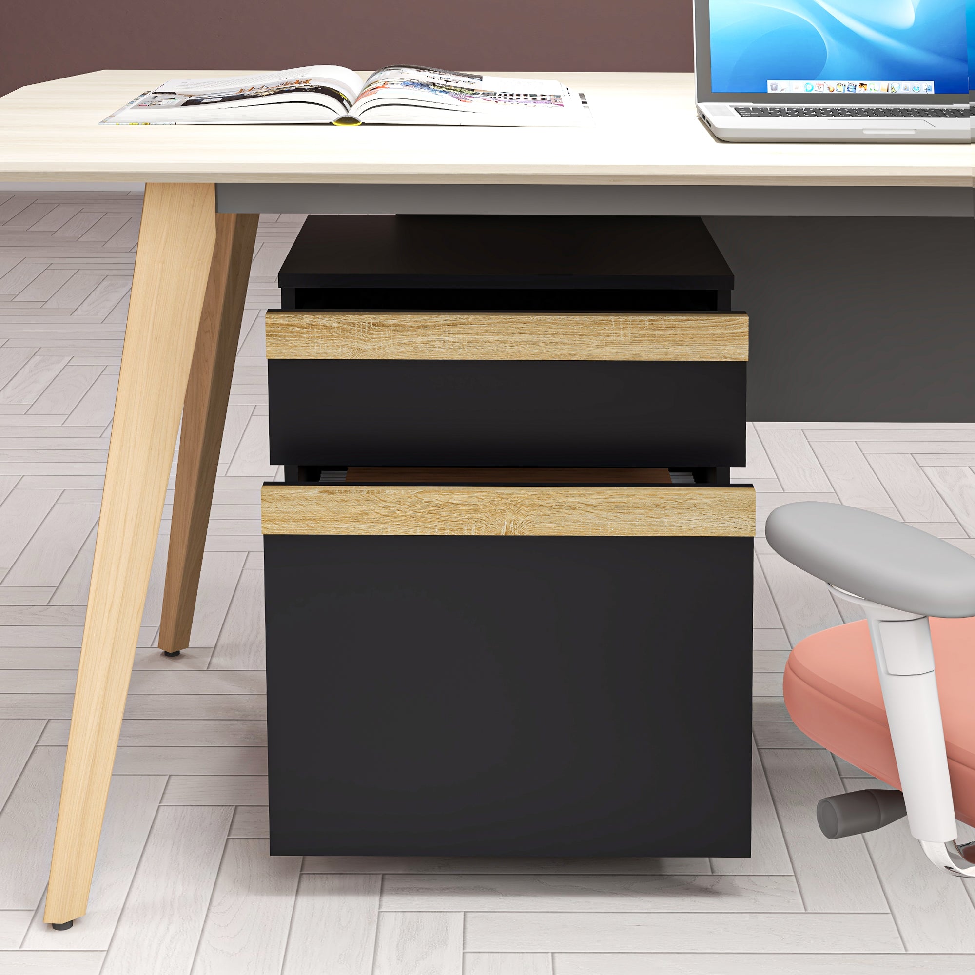 Vinsetto Vertical Filing Cabinet for Home Office, File Cabinet with 5 Wheels, Printer Stand with 2 Drawers for Letter, A4 and Legal Sized Files, Black