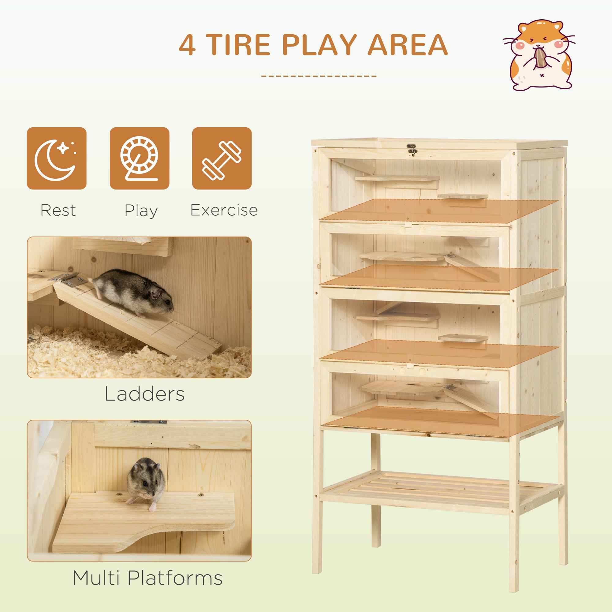 PawHut Fir Wood Hamster Cage Mouse Rats Small Animals Play House Exercise Activity Center, 47.25