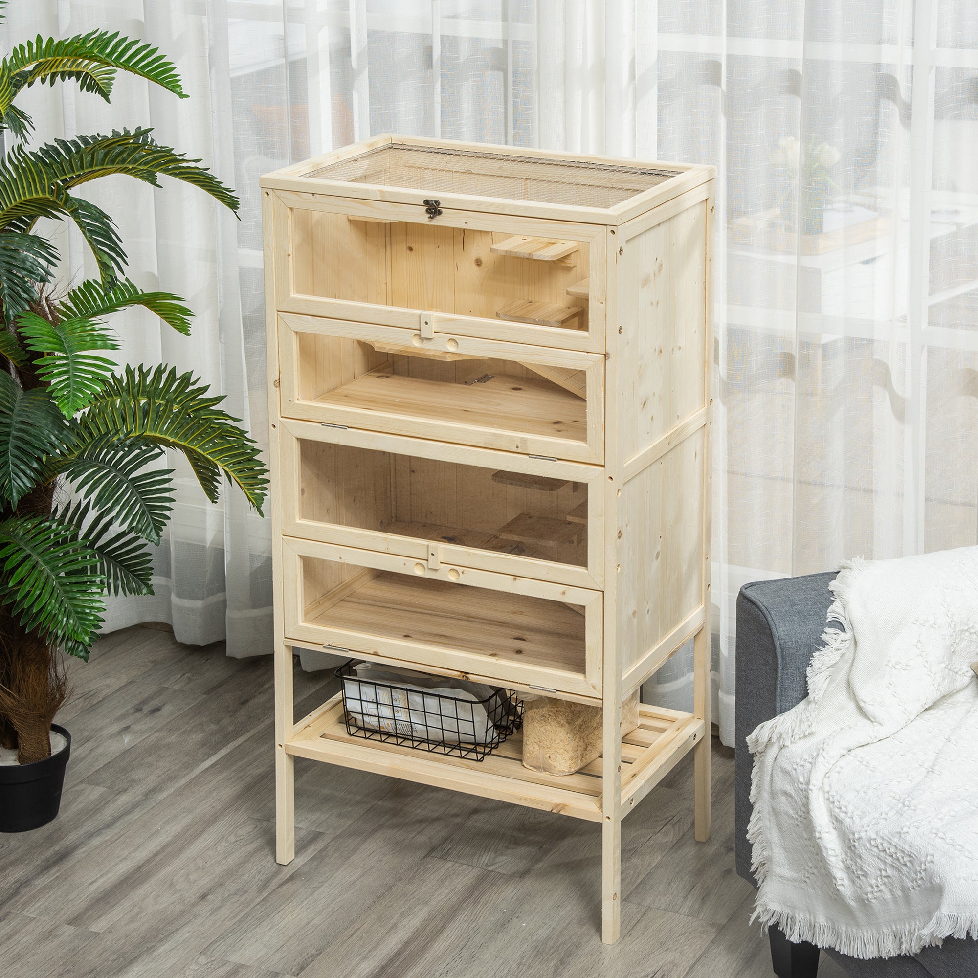 PawHut Fir Wood Hamster Cage Mouse Rats Small Animals Play House Exercise Activity Center, 47.25"H