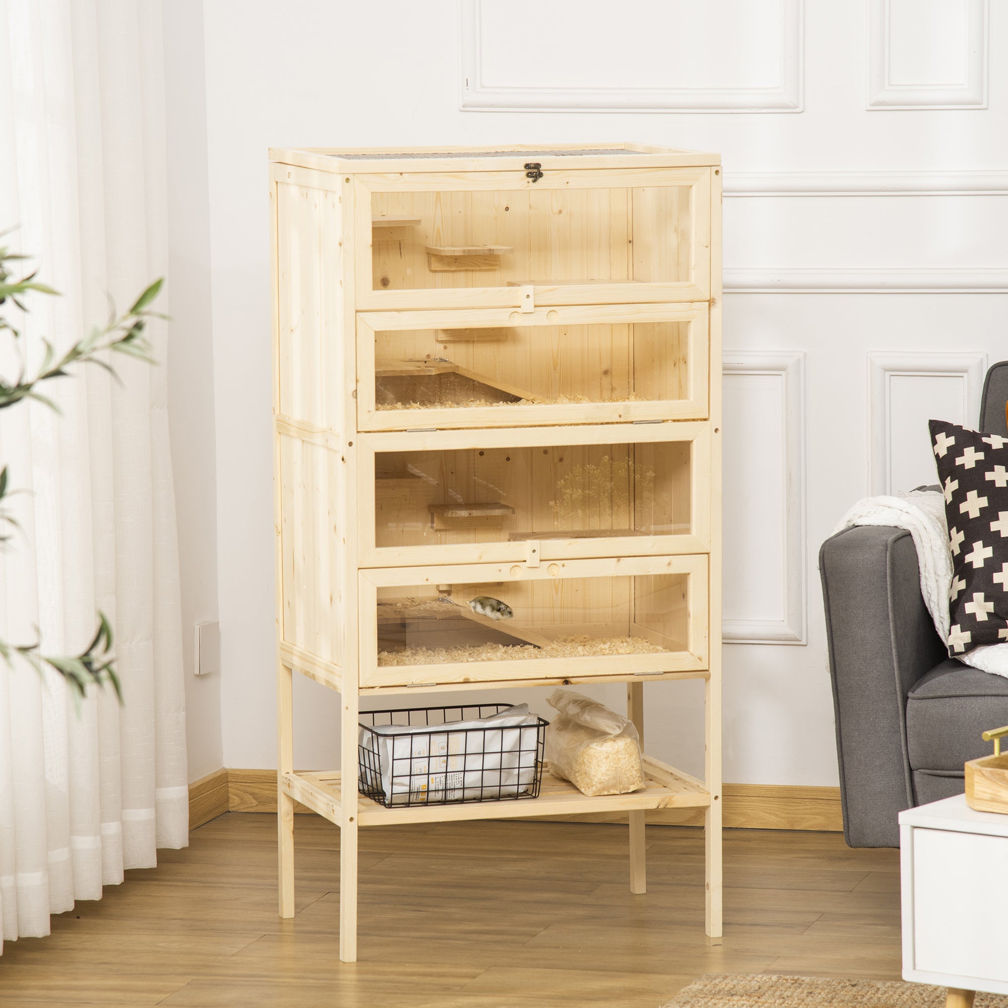 PawHut Fir Wood Hamster Cage Mouse Rats Small Animals Play House Exercise Activity Center, 47.25"H