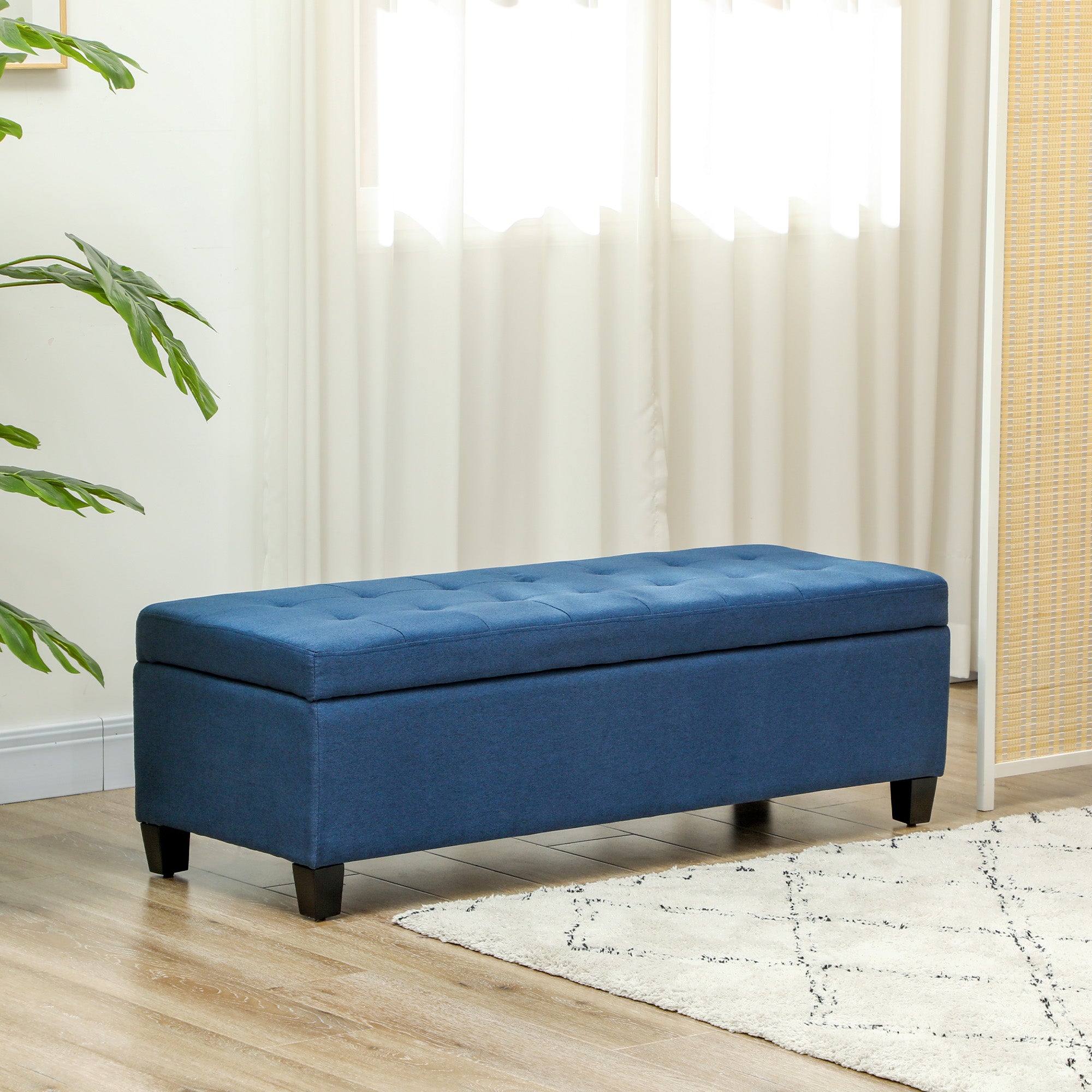 HOMCOM Large 50" Rectangular Storage Ottoman Bench, Tufted Upholstered Linen Fabric Wood Feet Entry Bench, Contemporary Home Decor Blue
