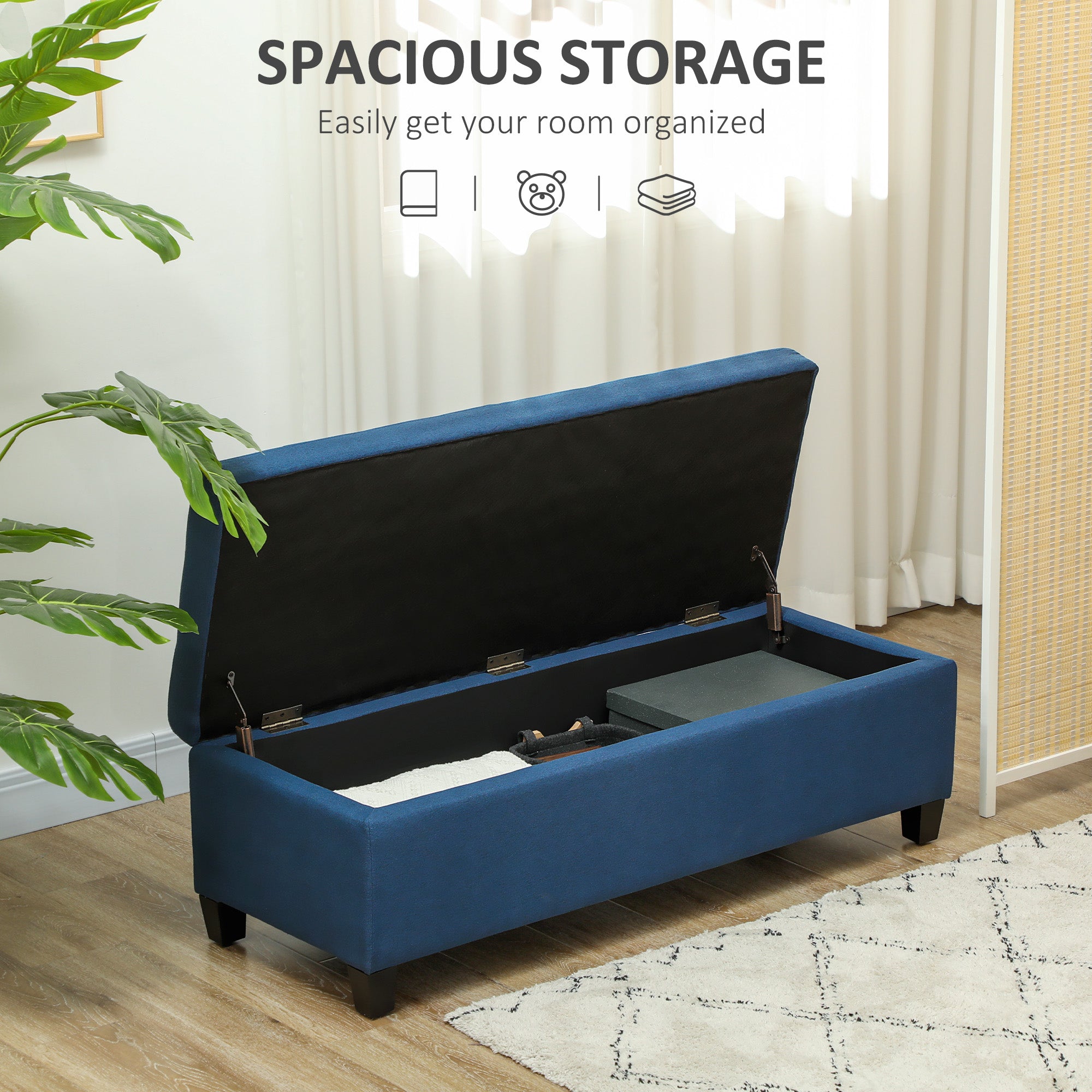 HOMCOM Large 50" Rectangular Storage Ottoman Bench, Tufted Upholstered Linen Fabric Wood Feet Entry Bench, Contemporary Home Decor Blue