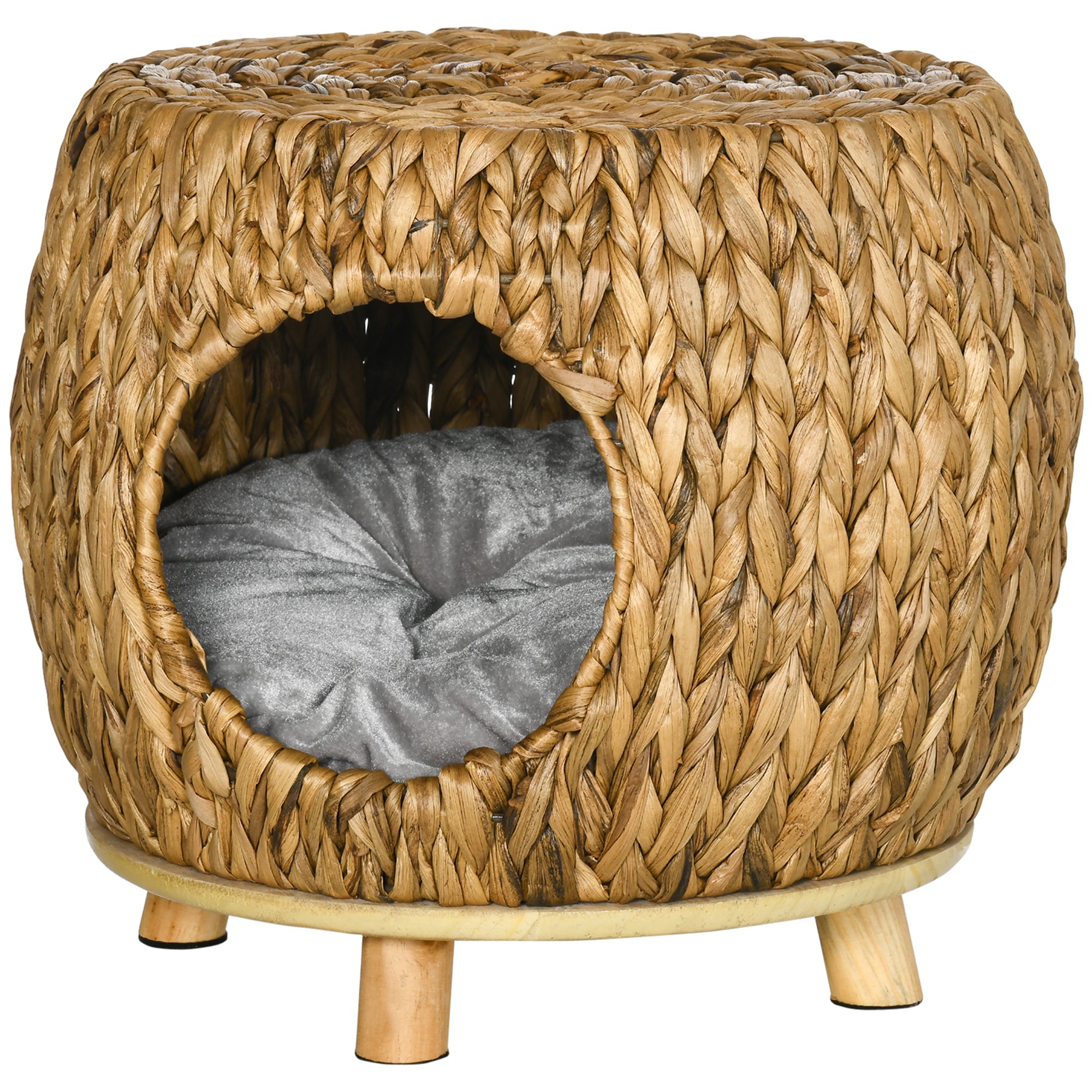 PawHut Wicker Cat House Stool for Rest, Rattan Kitten Bed for Indoor and Outdoor Use, Elevated Pet Bed with Soft Washable Cushion 44 x 43 x 41 cm