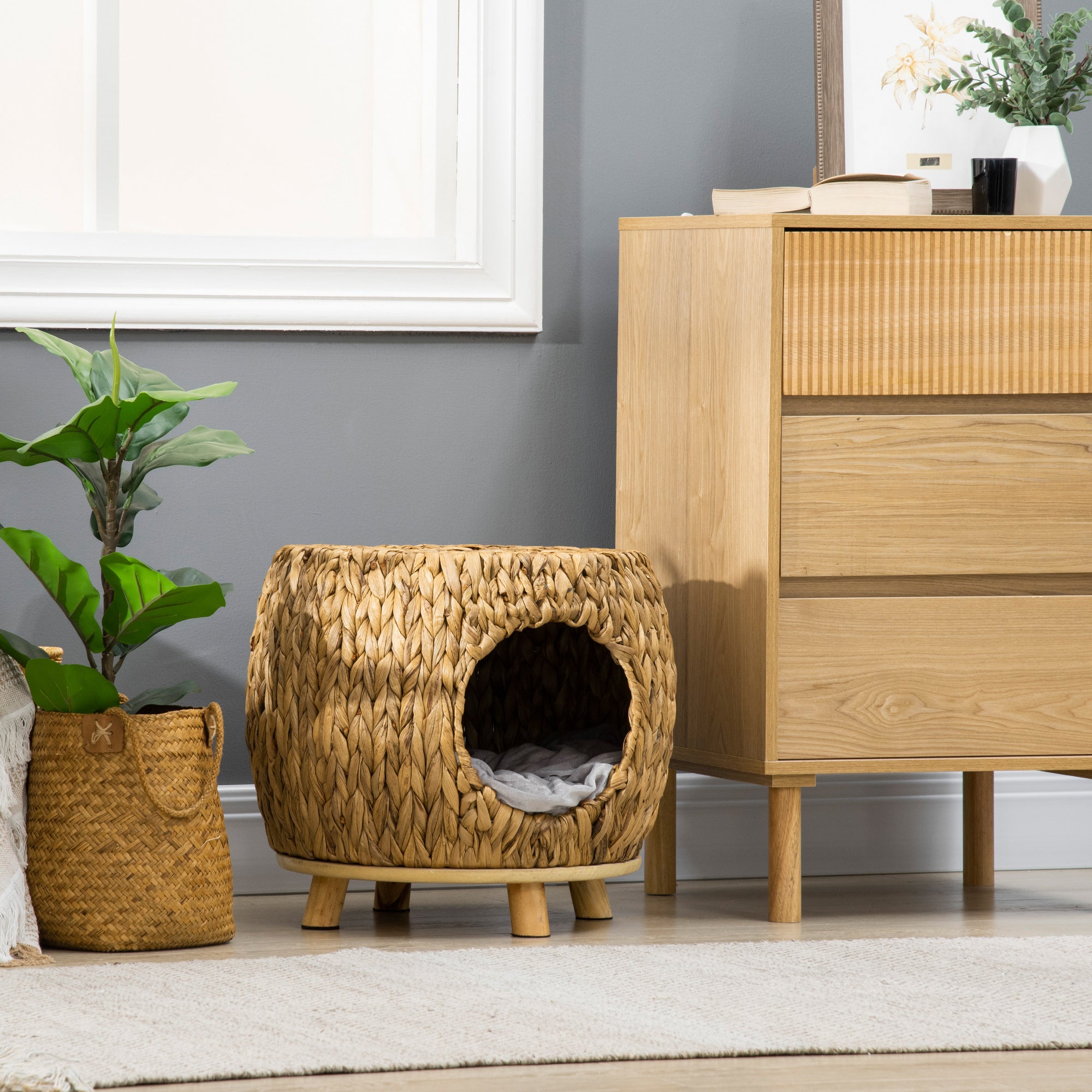 PawHut Wicker Cat House Stool for Rest, Rattan Kitten Bed for Indoor and Outdoor Use, Elevated Pet Bed with Soft Washable Cushion 44 x 43 x 41 cm