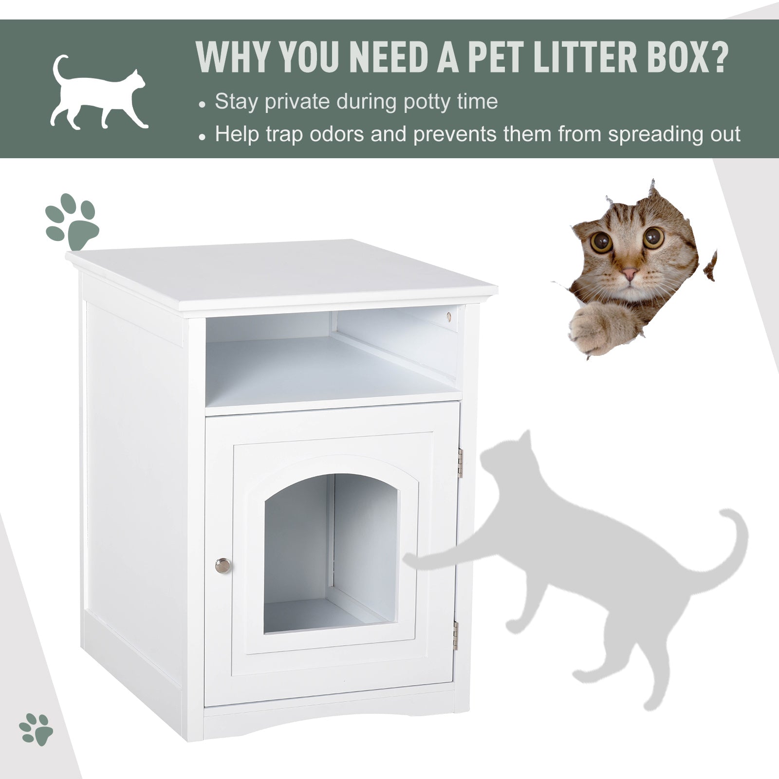PawHut Wooden Cat Washroom Pet Litter Box Decorative Kitten House Nightstand End Table Indoor with Magnetic Door White