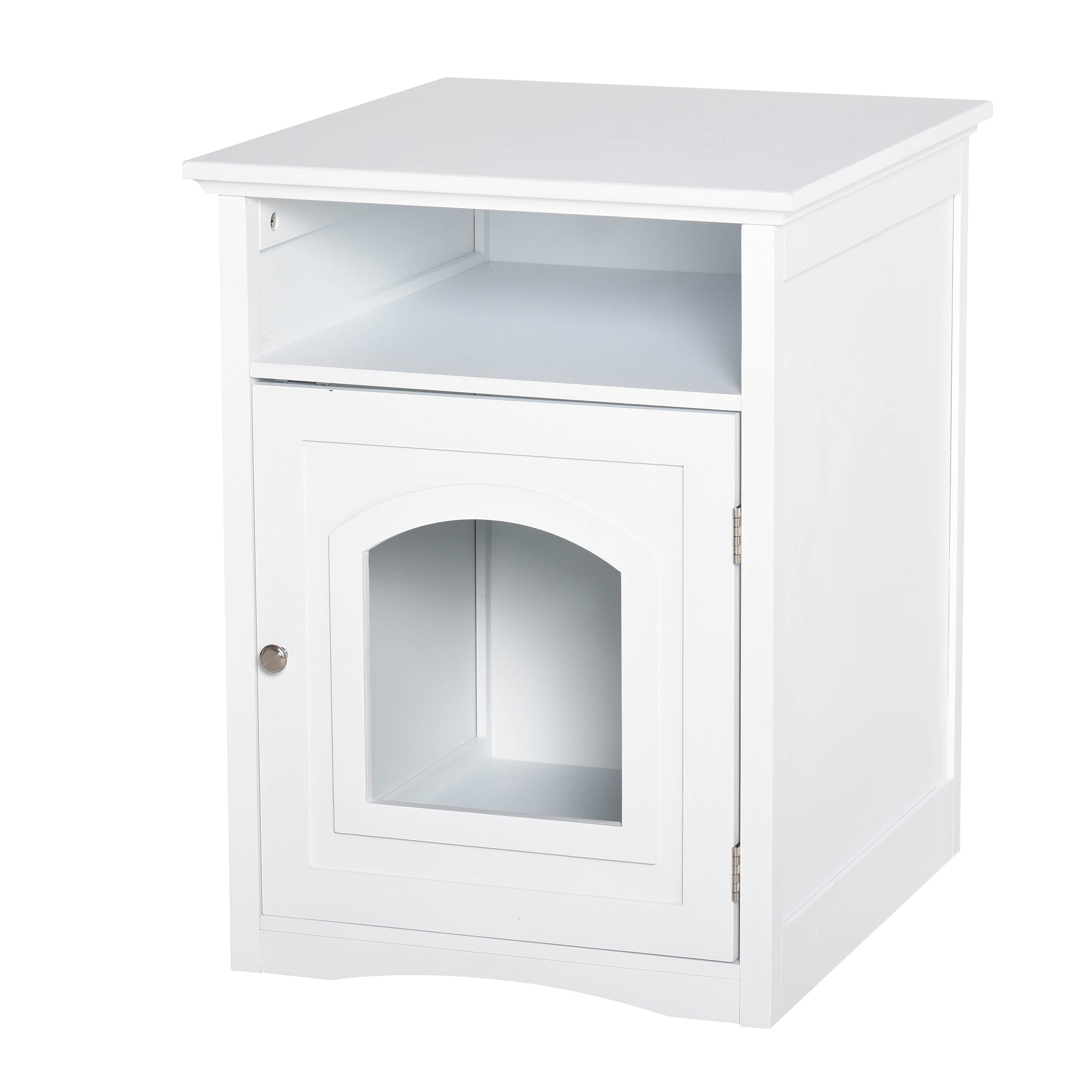 PawHut Wooden Cat Washroom Pet Litter Box Decorative Kitten House Nightstand End Table Indoor with Magnetic Door White
