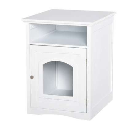 PawHut Wooden Cat Washroom Pet Litter Box Decorative Kitten House Nightstand End Table Indoor with Magnetic Door White
