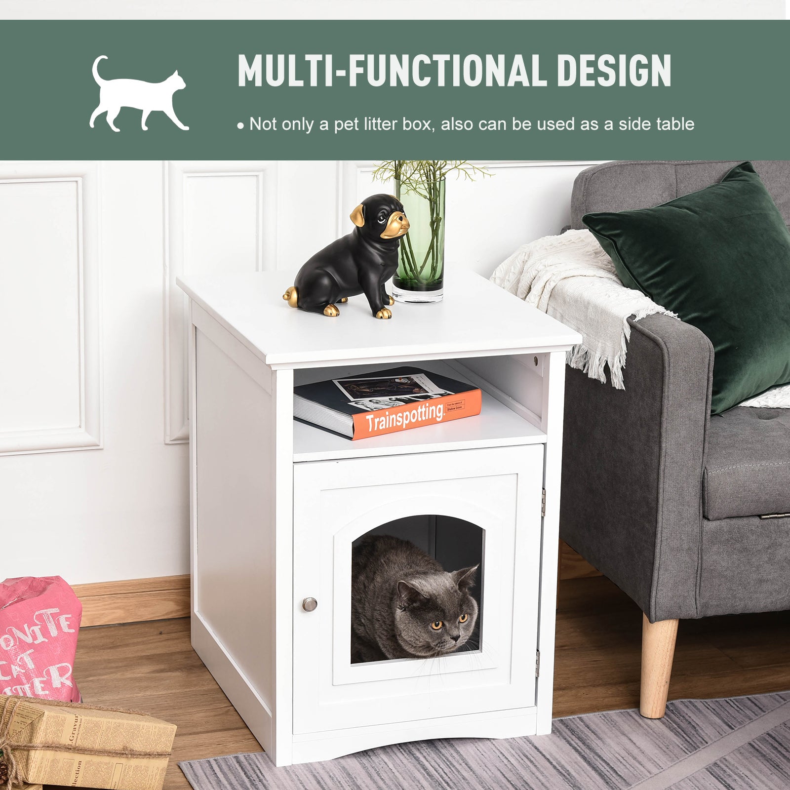 PawHut Wooden Cat Washroom Pet Litter Box Decorative Kitten House Nightstand End Table Indoor with Magnetic Door White