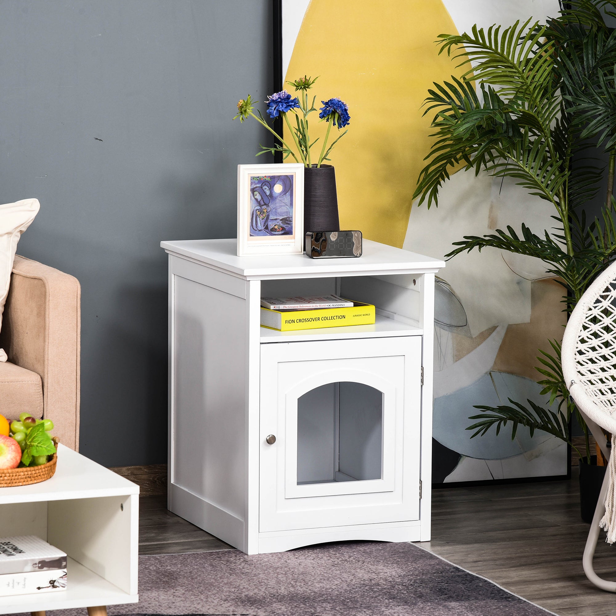 PawHut Wooden Cat Washroom Pet Litter Box Decorative Kitten House Nightstand End Table Indoor with Magnetic Door White