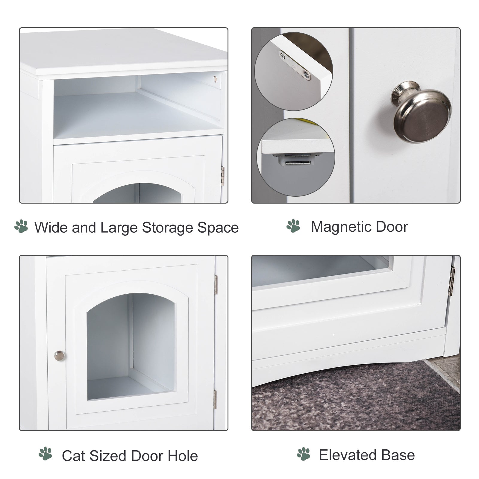 PawHut Wooden Cat Washroom Pet Litter Box Decorative Kitten House Nightstand End Table Indoor with Magnetic Door White