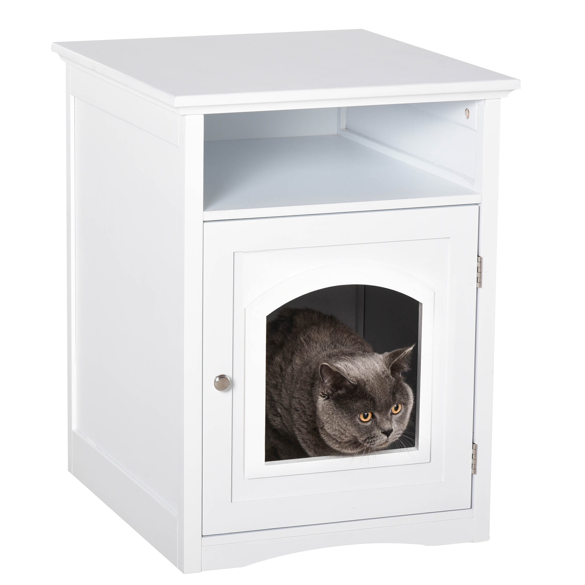 PawHut Wooden Cat Washroom Pet Litter Box Decorative Kitten House Nightstand End Table Indoor with Magnetic Door White