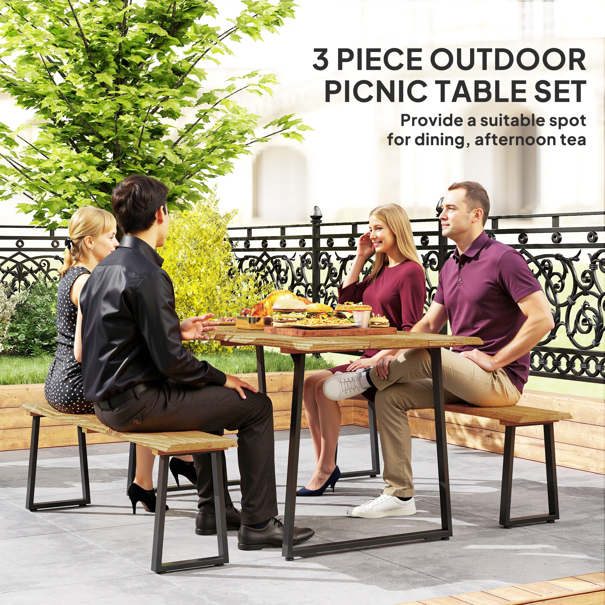 Outsunny Picnic Table and Bench Set for 6 Persons, 70" Wood Outdoor Dining Table Bench Set with 2" Umbrella Hole, Slatted Top & Steel Frame, for Party, BBQ, Patio, Lawn, Brown