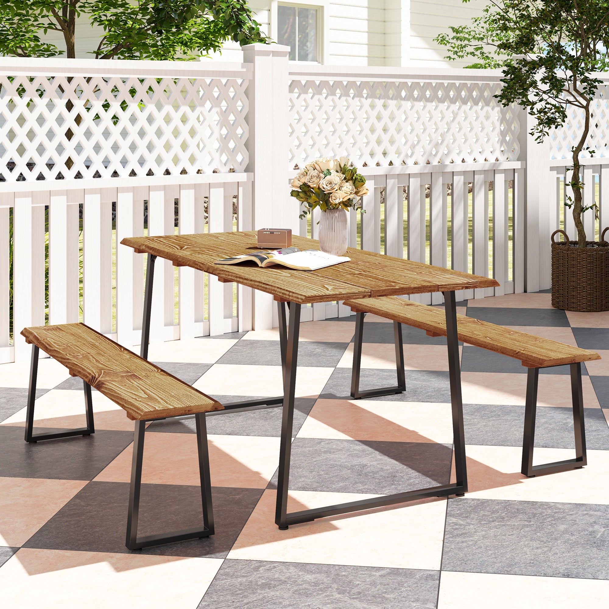 Outsunny Picnic Table and Bench Set for 6 Persons, 70" Wood Outdoor Dining Table Bench Set with 2" Umbrella Hole, Slatted Top & Steel Frame, for Party, BBQ, Patio, Lawn, Brown