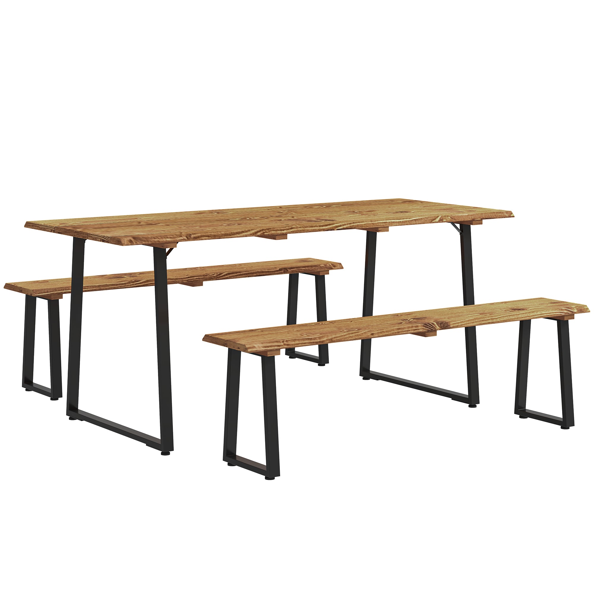 Outsunny Picnic Table and Bench Set for 6 Persons, 70" Wood Outdoor Dining Table Bench Set with 2" Umbrella Hole, Slatted Top & Steel Frame, for Party, BBQ, Patio, Lawn, Brown