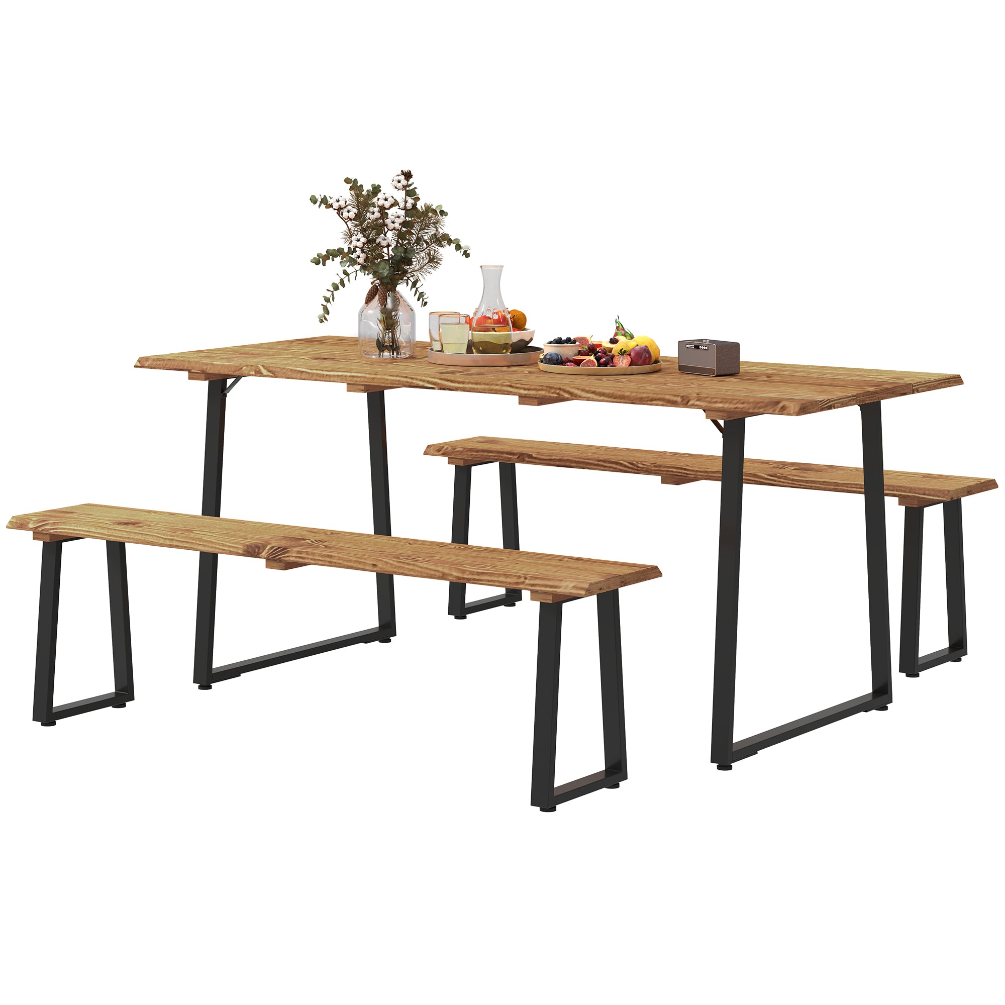 Outsunny Picnic Table and Bench Set for 6 Persons, 70" Wood Outdoor Dining Table Bench Set with 2" Umbrella Hole, Slatted Top & Steel Frame, for Party, BBQ, Patio, Lawn, Brown