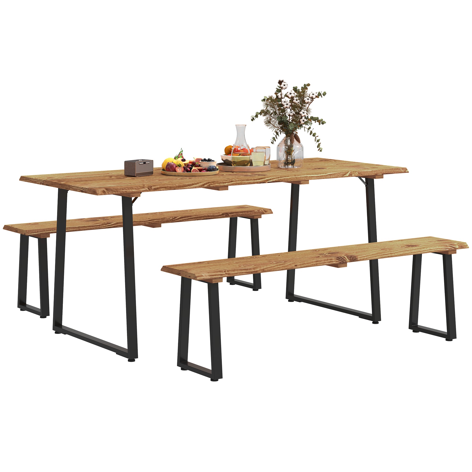 Outsunny Picnic Table and Bench Set for 6 Persons, 70" Wood Outdoor Dining Table Bench Set with 2" Umbrella Hole, Slatted Top & Steel Frame, for Party, BBQ, Patio, Lawn, Brown