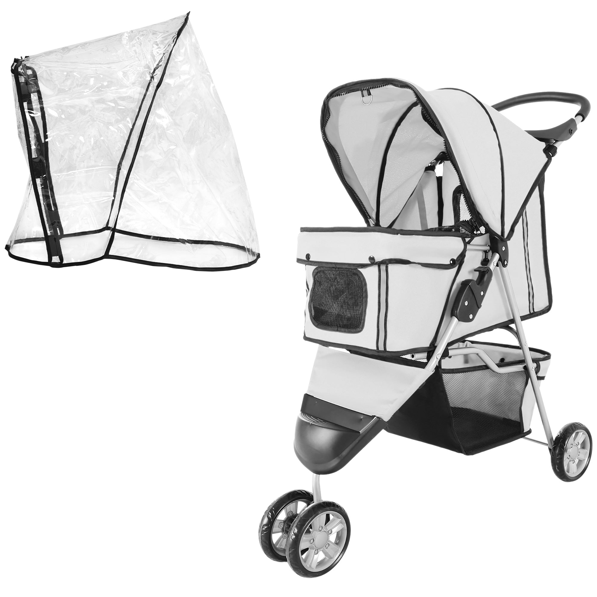 PawHut Dog Stroller with Cover for Small Miniature Dogs, Folding Cat Pram Dog Pushchair with Cup Holder, Storage Basket, Reflective Strips, Grey