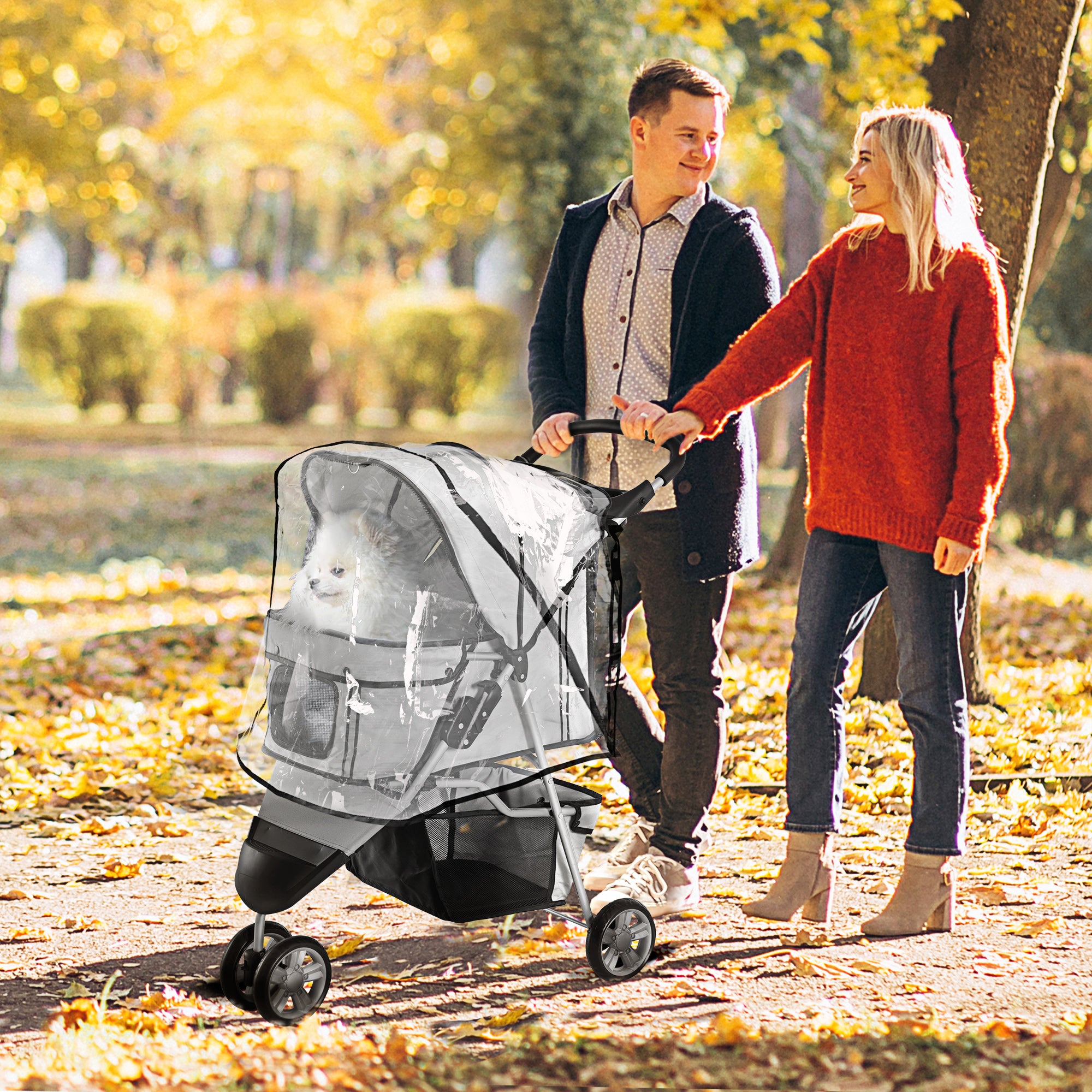 PawHut Dog Stroller with Cover for Small Miniature Dogs, Folding Cat Pram Dog Pushchair with Cup Holder, Storage Basket, Reflective Strips, Grey