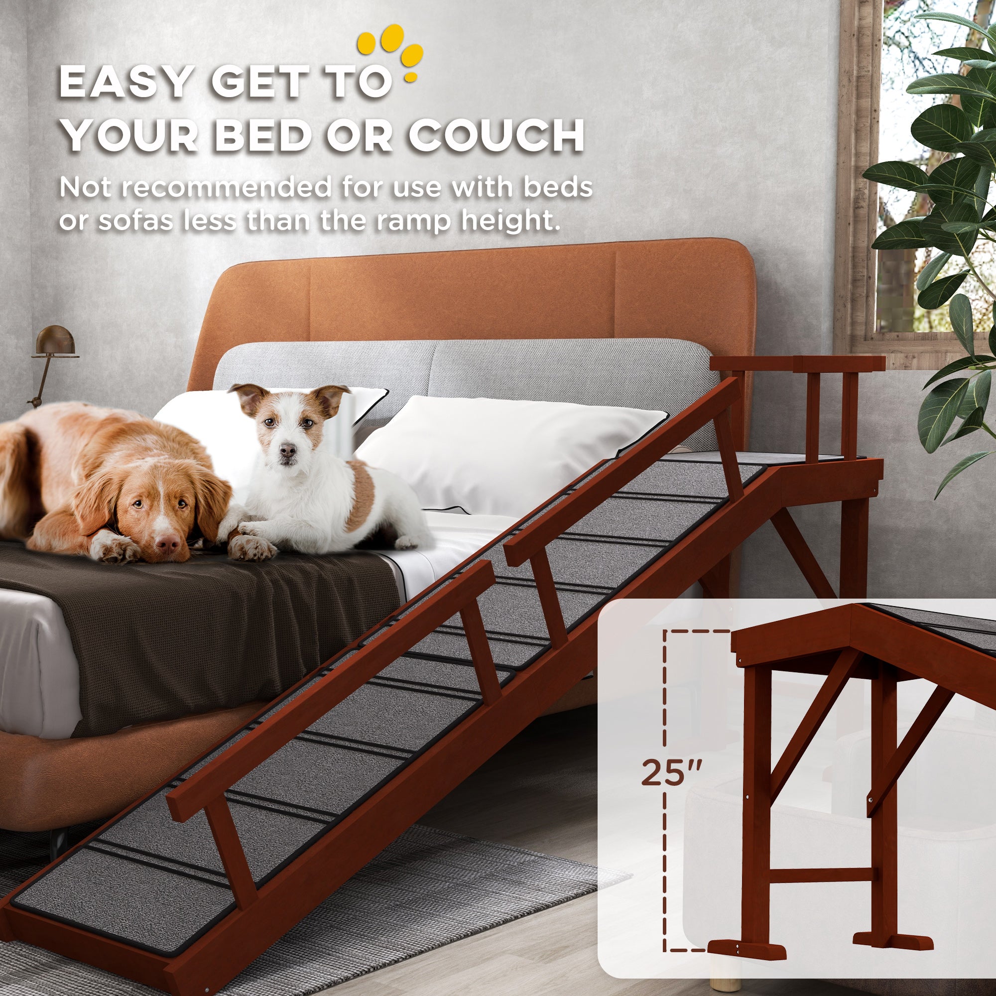 PawHut Wooden Dog Ramp for Large Dogs, 73" Long Pet Ramp with Non-slip Rug, Removable Guardrails, Dog Stairs for Couch, Bed, Brown
