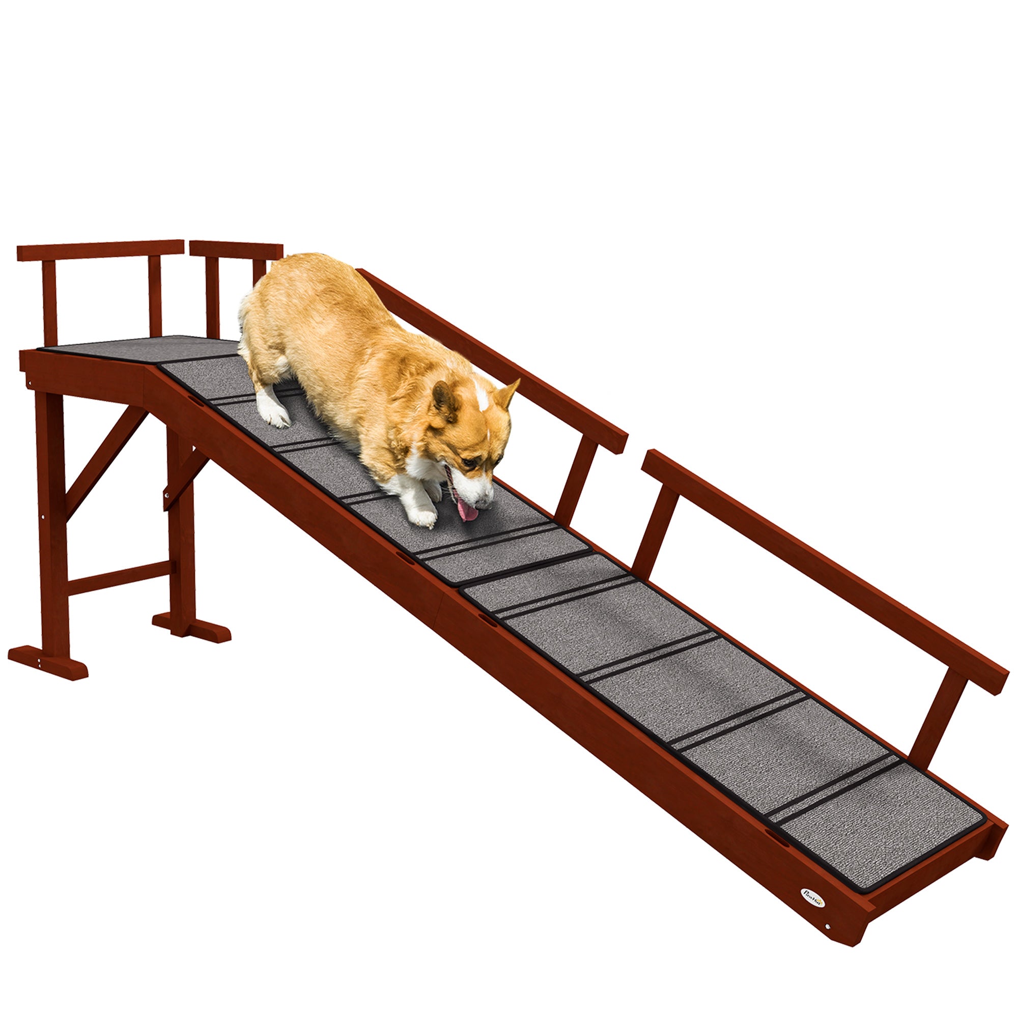PawHut Wooden Dog Ramp for Large Dogs, 73" Long Pet Ramp with Non-slip Rug, Removable Guardrails, Dog Stairs for Couch, Bed, Brown