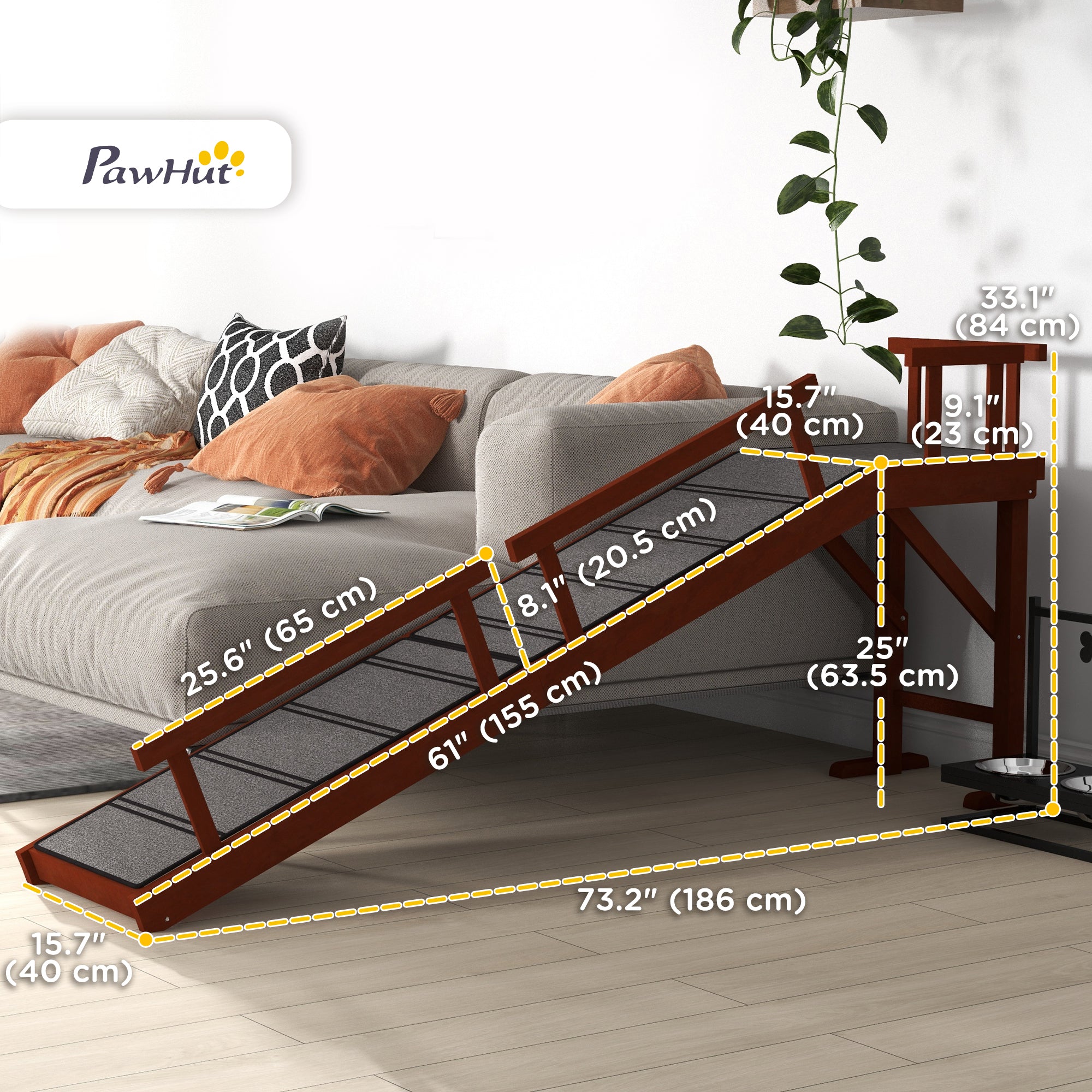 PawHut Wooden Dog Ramp for Large Dogs, 73" Long Pet Ramp with Non-slip Rug, Removable Guardrails, Dog Stairs for Couch, Bed, Brown