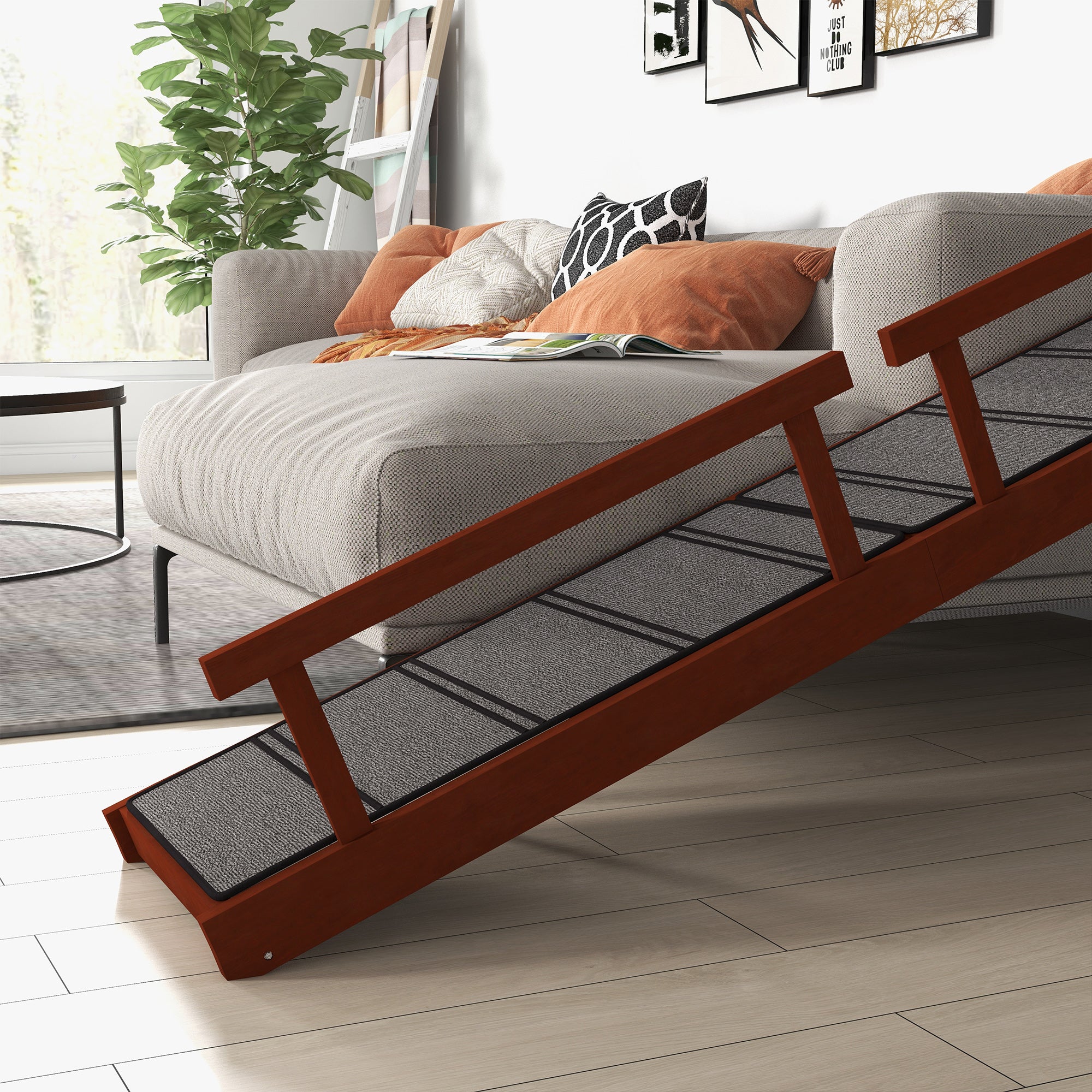 PawHut Wooden Dog Ramp for Large Dogs, 73" Long Pet Ramp with Non-slip Rug, Removable Guardrails, Dog Stairs for Couch, Bed, Brown